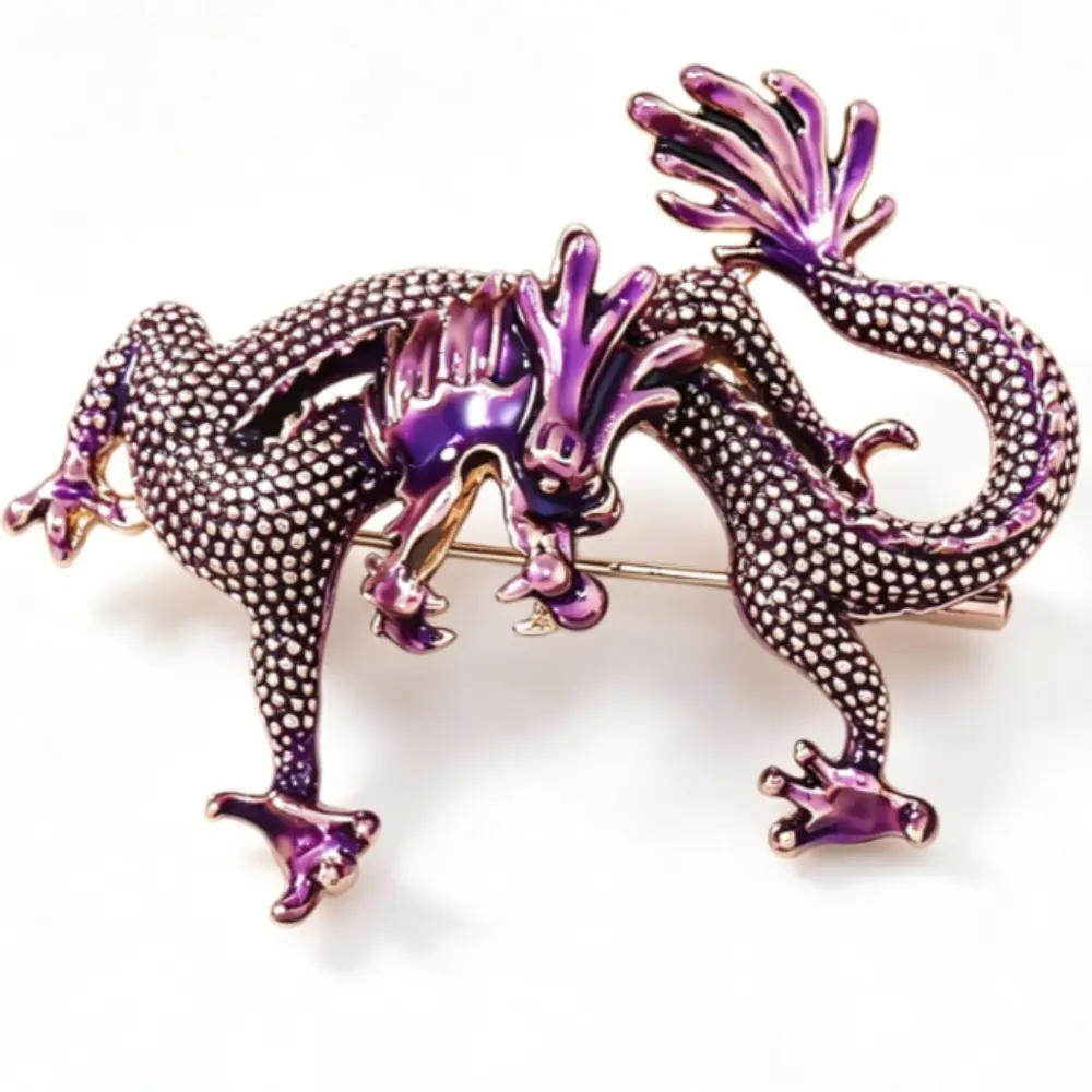 Purple Gradient Chinese Dragon Enamel Brooch Unisex Antique Gold Lapel Pin Gift