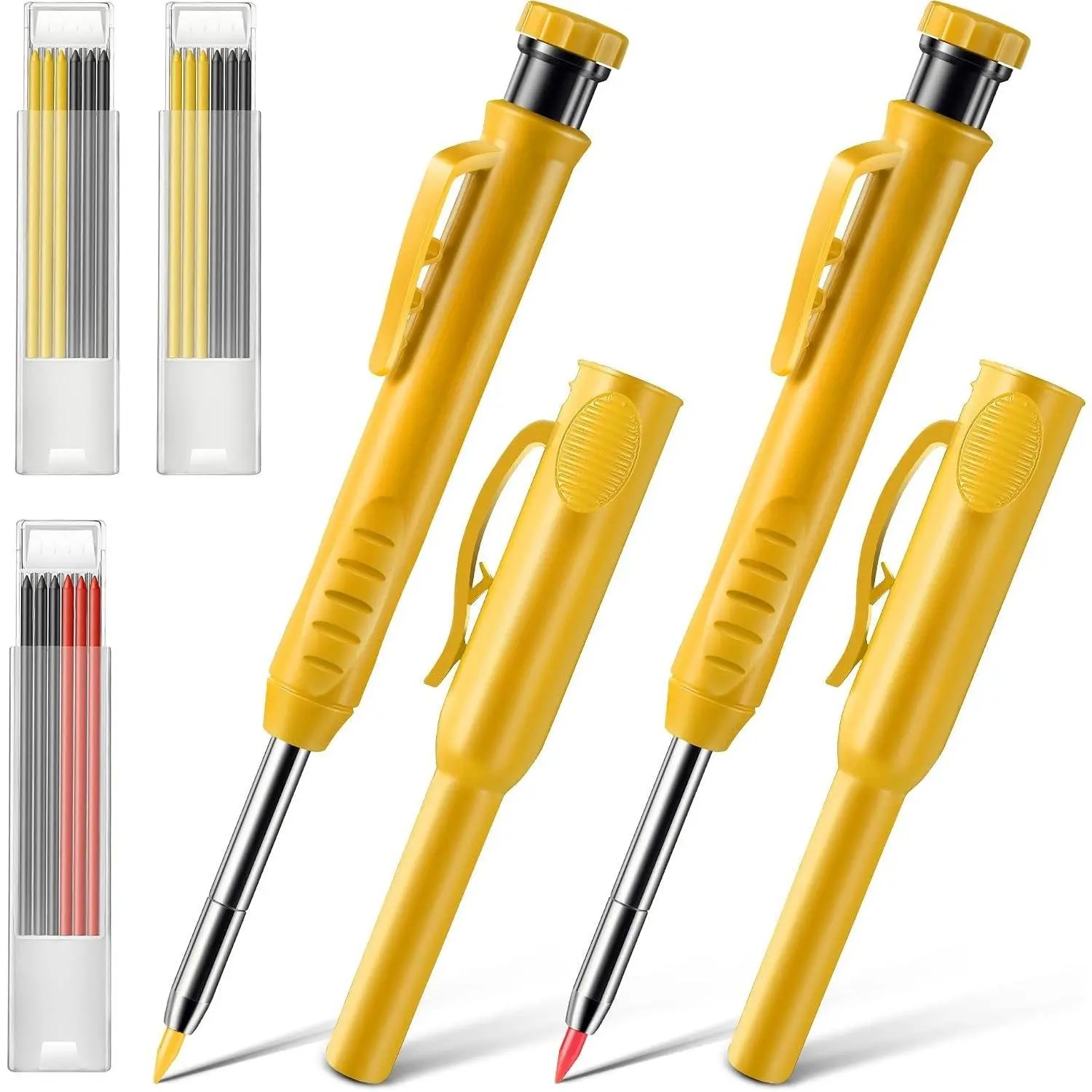 2 Pack Carpenter Pencils with Pencil Cap and 18 Refills, Yellow | Mechanical Pencil, Deep Hole Marking, -In Sharpener, Long Nose Tip, Pocket Clip, Marks Many Surfaces, Woodworking Use