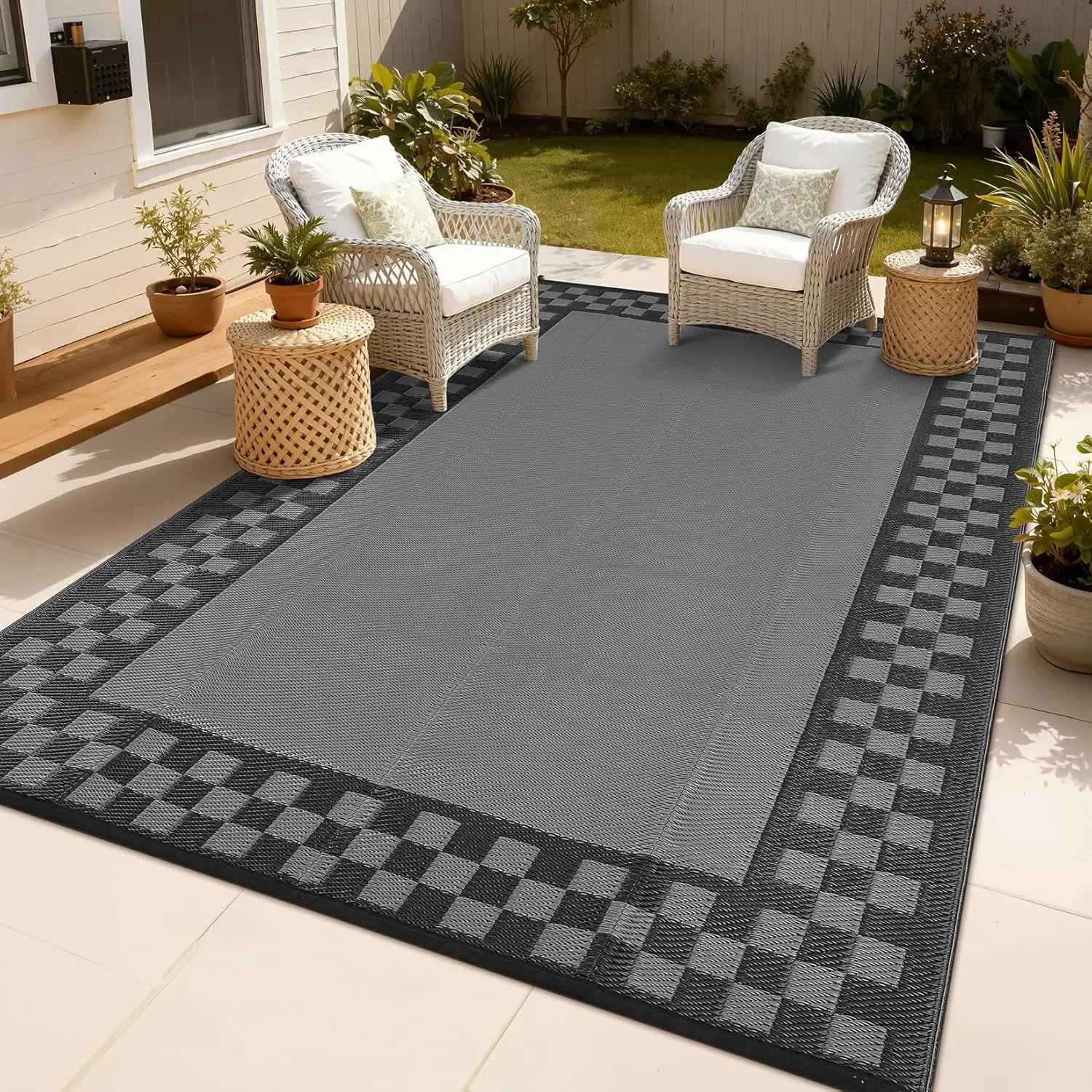 Checkered Outdoor Rug Waterproof Modern Bordered Patio Rugs Plastic Straw Rug Large Indoor Outdoor Throw Carpets Reversible Mat for Picnic, Backyard, Rv, Beach, Deck, Camper, Balcony, Grey