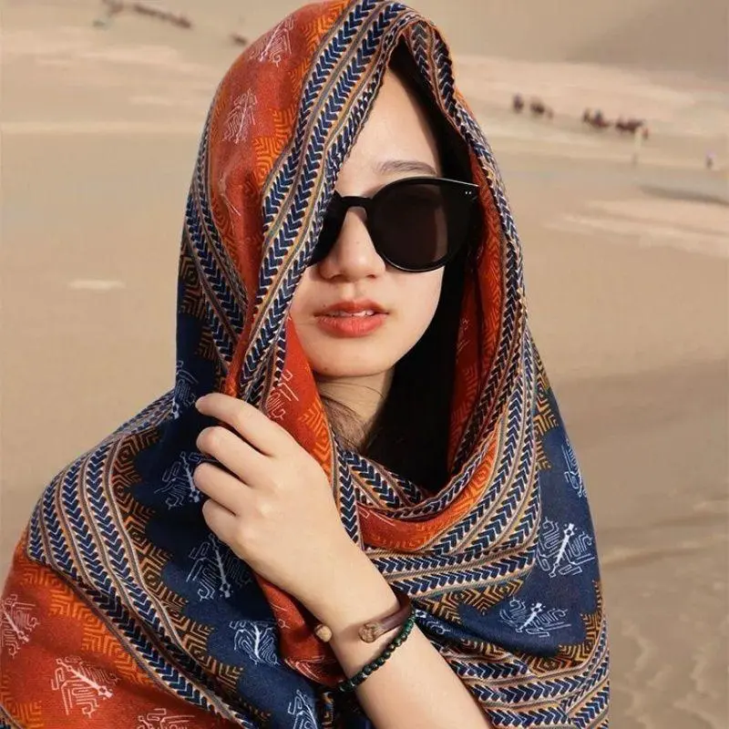 Women's Ethnic Print Multi-Use Female Shawl - Lightweight Casual Wear Sun Block Wrap, Convertible to Headscarf, Ideal Outerwear for Northwest Desert & Grassland Trips
