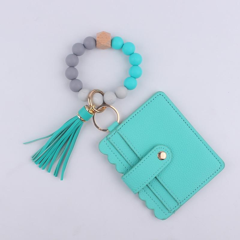 Silicone bead bracelet card holder accessories, silicone bead wristband, PU tassel women's wallet, leather tassel keychain