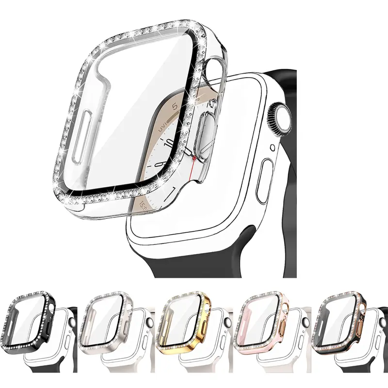 Rhinestone Watch Case, Covers, Wearable Accessories, Anti-fall 2 In 1 Ultra-Thin with Tempered Glass Protective Screen Protector, for Apple Watch 38/40/41/42/44/45/46/49MM Series SE/1/2/3/4/5/6/7/8/9/10