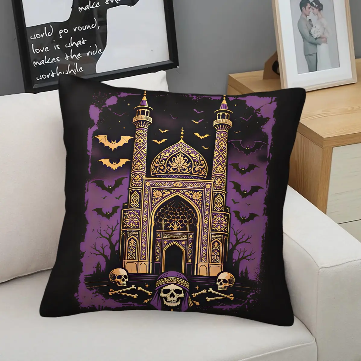 45x45cm1Pc Halloween Vintage Throw Pillow, Gothic Castle Pumpkin Bat Skull Print, Themed Living Room Sofa Decor Cushion With Insert