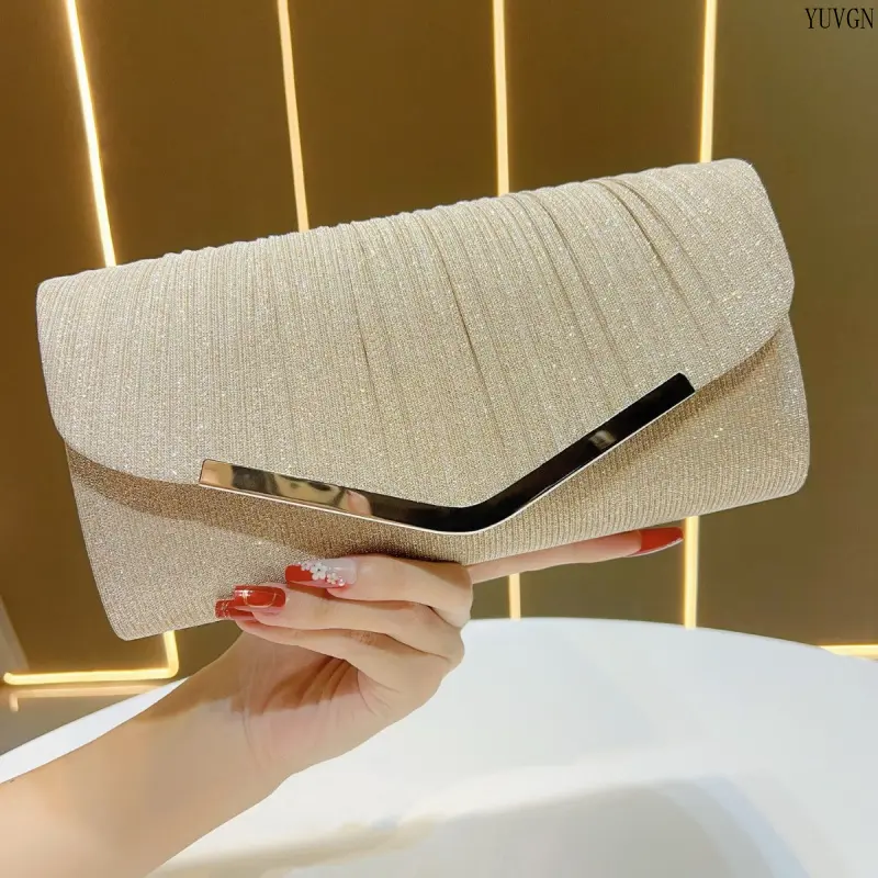 Shoulder Clutch for Women, Glitter Pleated Hardcase Party Bag with Metal Bar Detail for Formal Events, Elegant