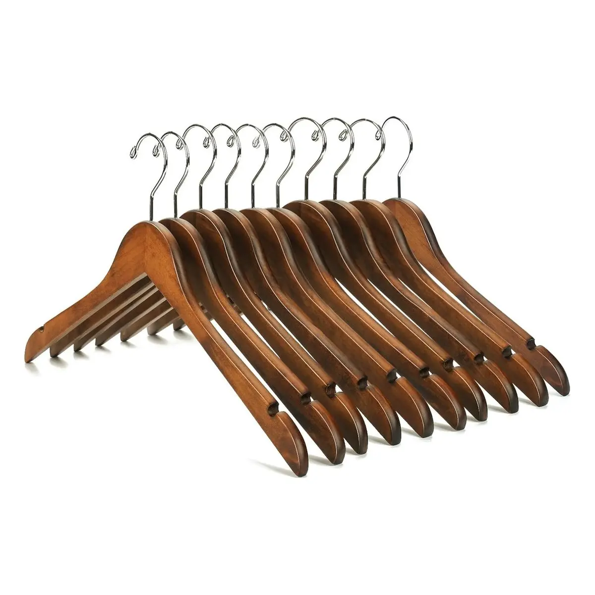 Solid Wood Coat Hangers Set, 10-Pack Retro Smooth Hanging Organiser with Hooks for Shirts, Dresses