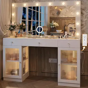 Womens White Makeup  Desk with Large Dimmable Lighted Mirror Tempered Glass Top Built In Power Outlet 3 Adjustable Lighting Modes Freestanding  Table Dressing Table for Bedroom Dressing Room transparent