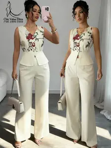 Women's European and American Style Cross-Border Fashion Commuter Professional Embroidered Two-Piece Set Suits Sleeveless Top + Long Pants