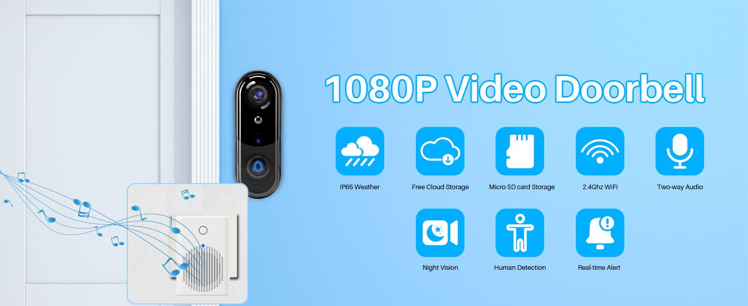 Video Doorbell Camera, HD WiFi Wireless Battery Power Operated Motion Detector Audio&Speaker Night Vision,IP65 Outdoor Waterproof with Doorbell Chime for iOS&Android
