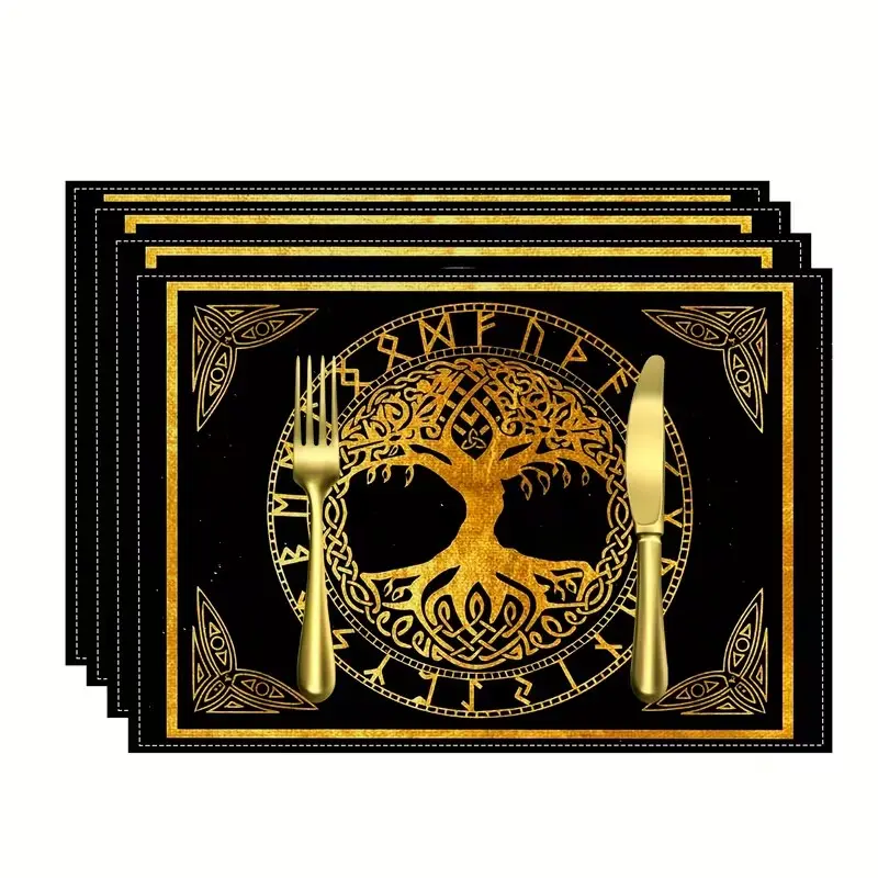 2D flat printing, 2-piece/4-piece/6-piece/8-piece set of Odin Tree of Life gold Viking rune patterned placemats, holiday placemats, washable kitchen party decorations, 12x18 inches