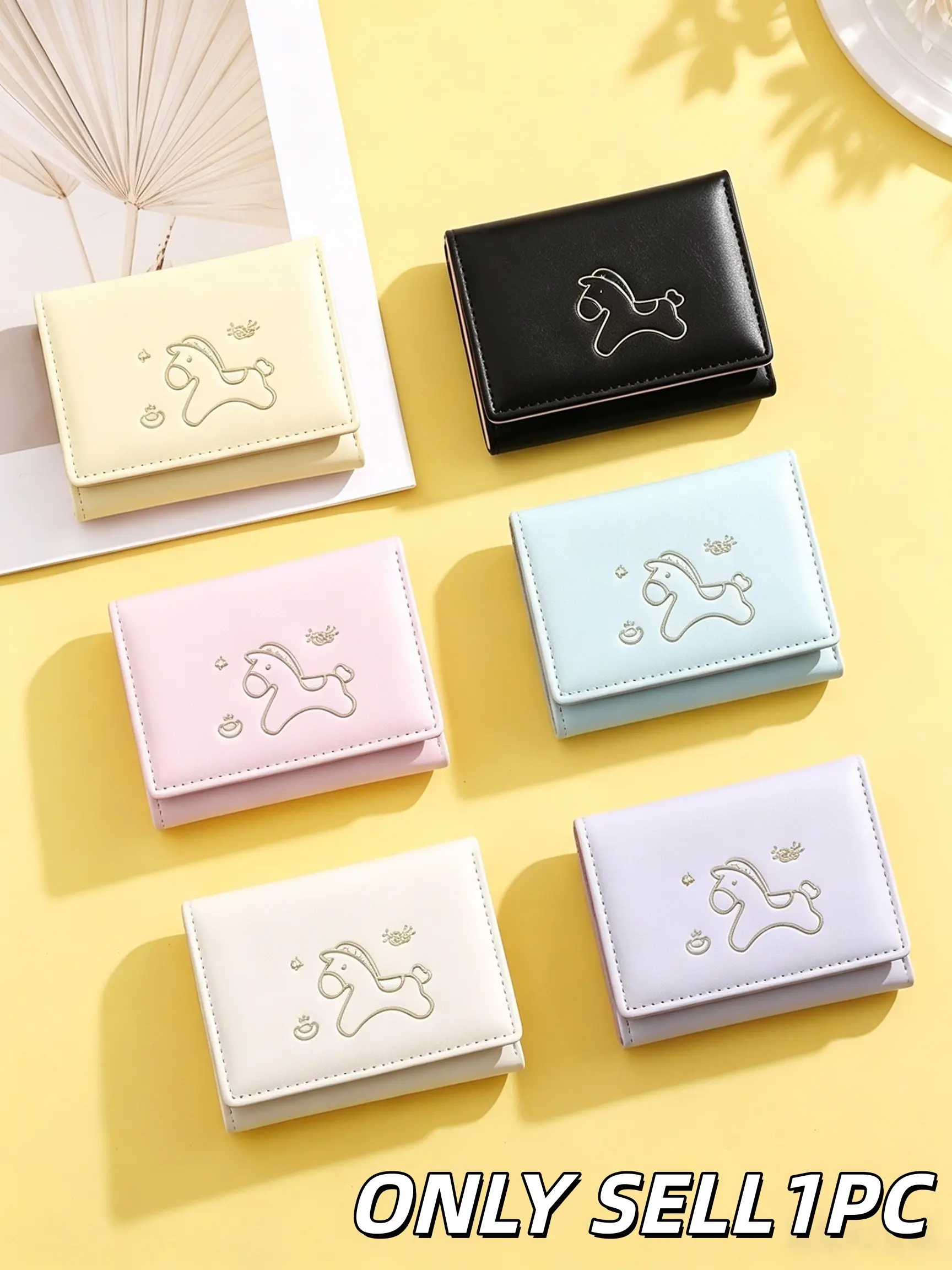 1PC Cute Gold Embossed Pony Tri-fold Mini Wallet, Soft Leather Multi-slot Card Holder for Bank Cards, ID Cards and Coins, Portable for Girls and Students to Carry Around