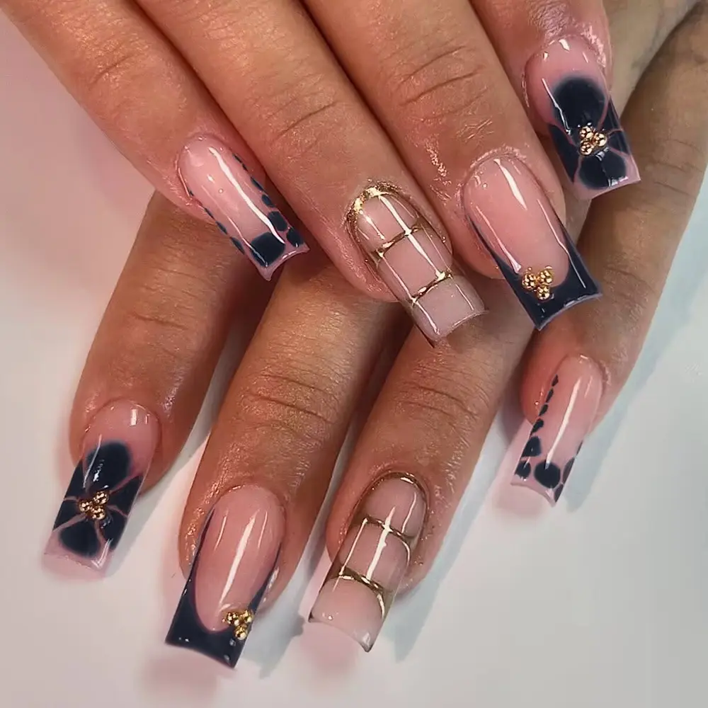 24pcs Long Square Nails, French Tip Design, French Nail Art, Lines, Plain Surface Finish, Ideal for Dates, High-Quality Manicure Set