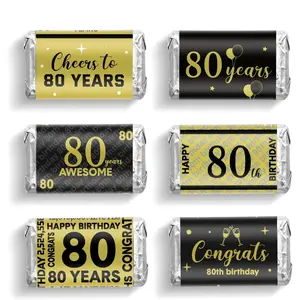 90 Pcs 80th Birthday Party Favors Candy Wrappers Black and Gold Stickers Mini Chocolate Label 80th Birthday Decorations for Men Anniversary Party Supplies