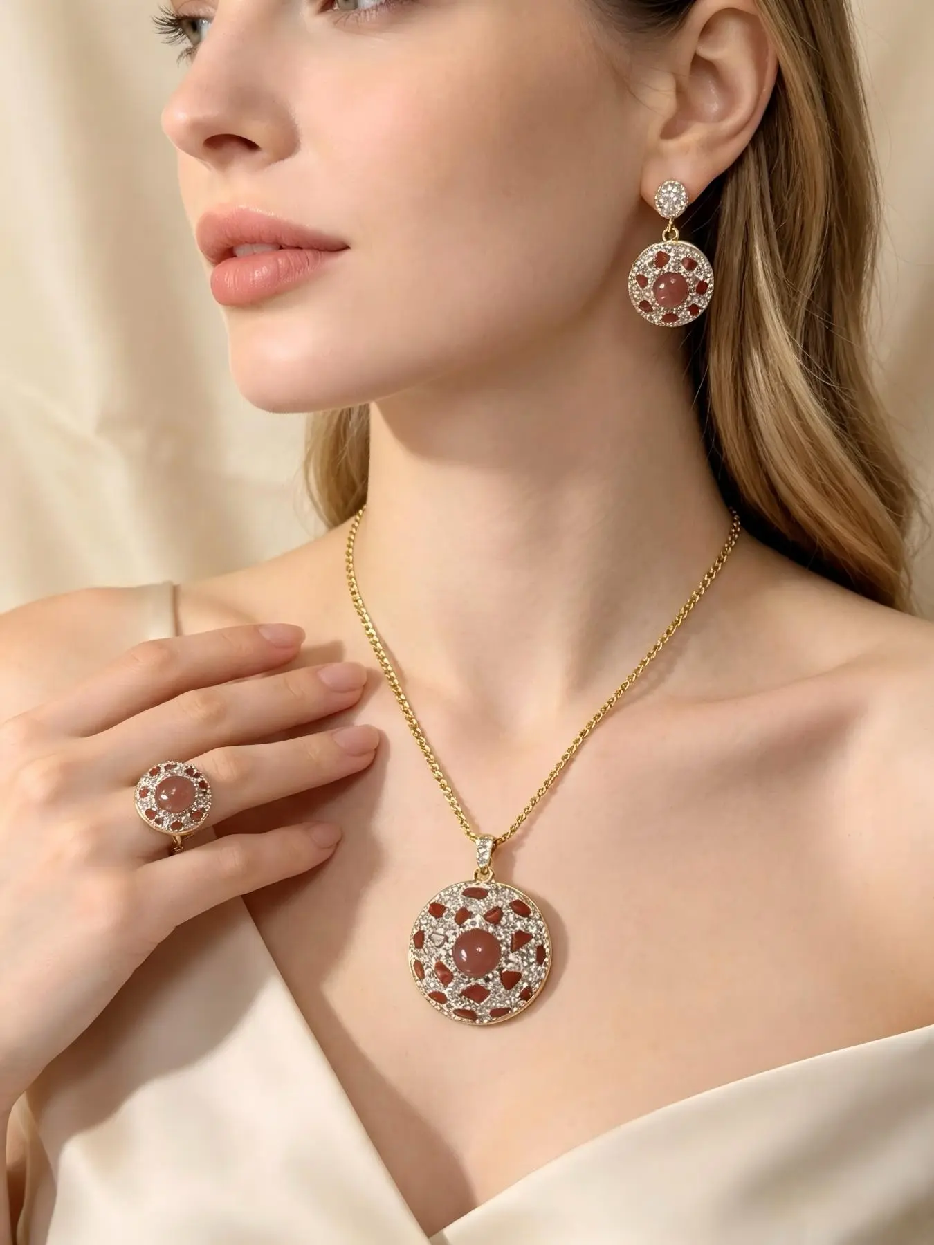 Strawberry Quartz & AB Iridescent Rhinestone Round Disc Jewelry three-Piece Set,Sparkling Luxury Evening Party Jewelry Gift For Women