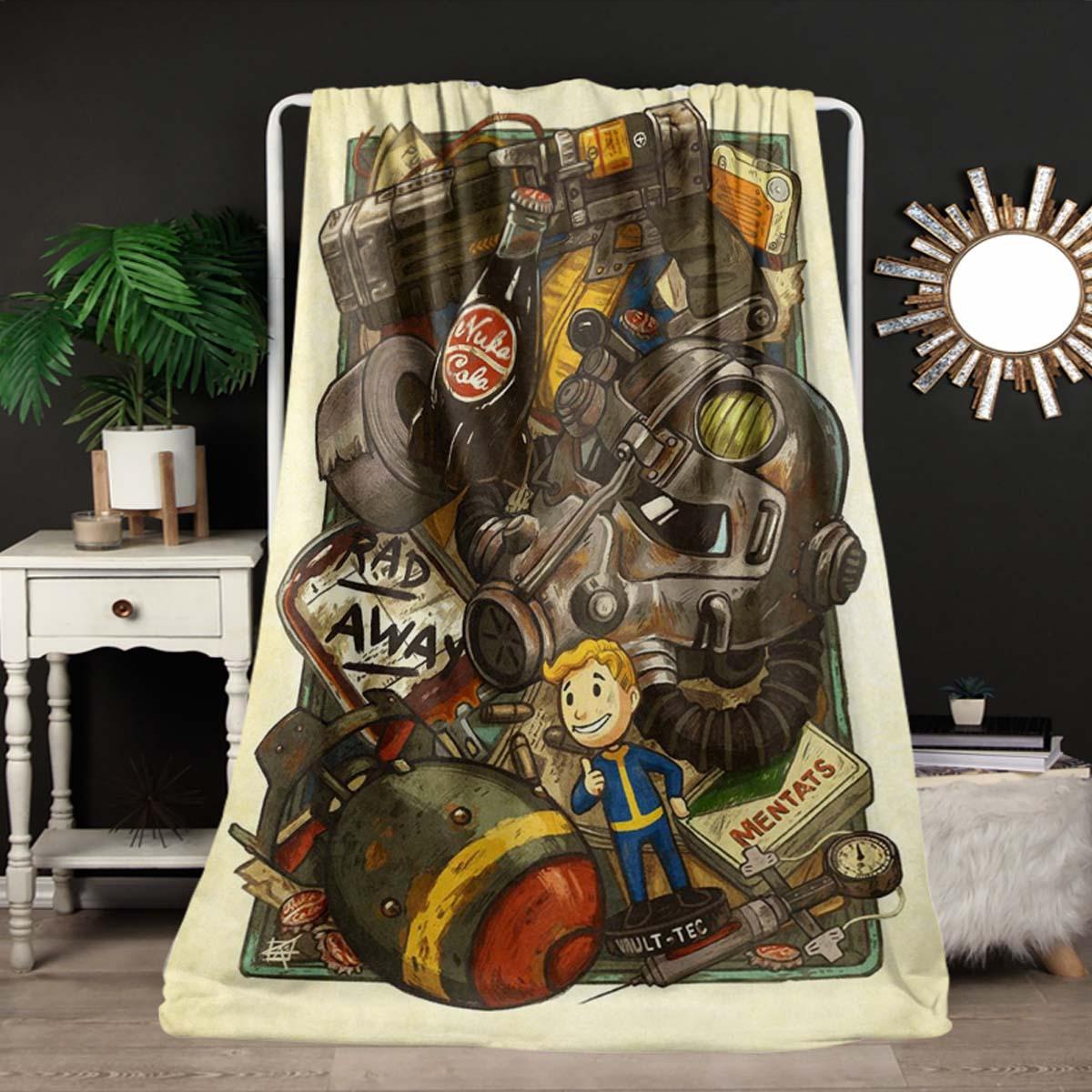 Fallout themed printed flannel blanket with retro game design, suitable for sofa, bed, office and outdoor use, lightweight and durable bedroom chair decor halloween decoration soft flannel shawl