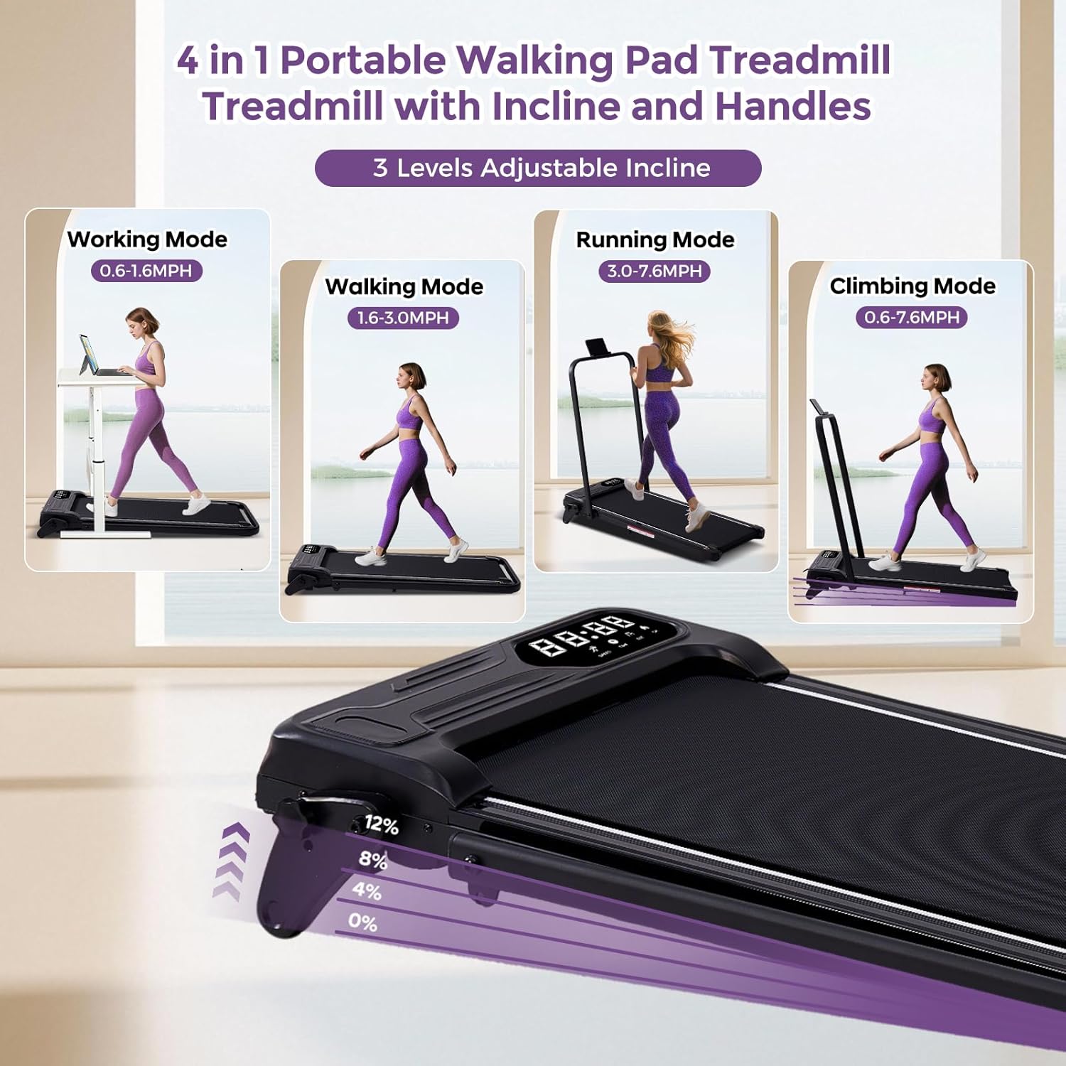 SUNDAY MIRTH Portable Foldable Walking Pad with Handle Bar and Adjustable Incline, Under Desk Walking Pads Treadmill with Incline and Handles, 3.5HP Folding Electric Treadmills for Home Small, 0.6-7.6MPH, 350LBS
