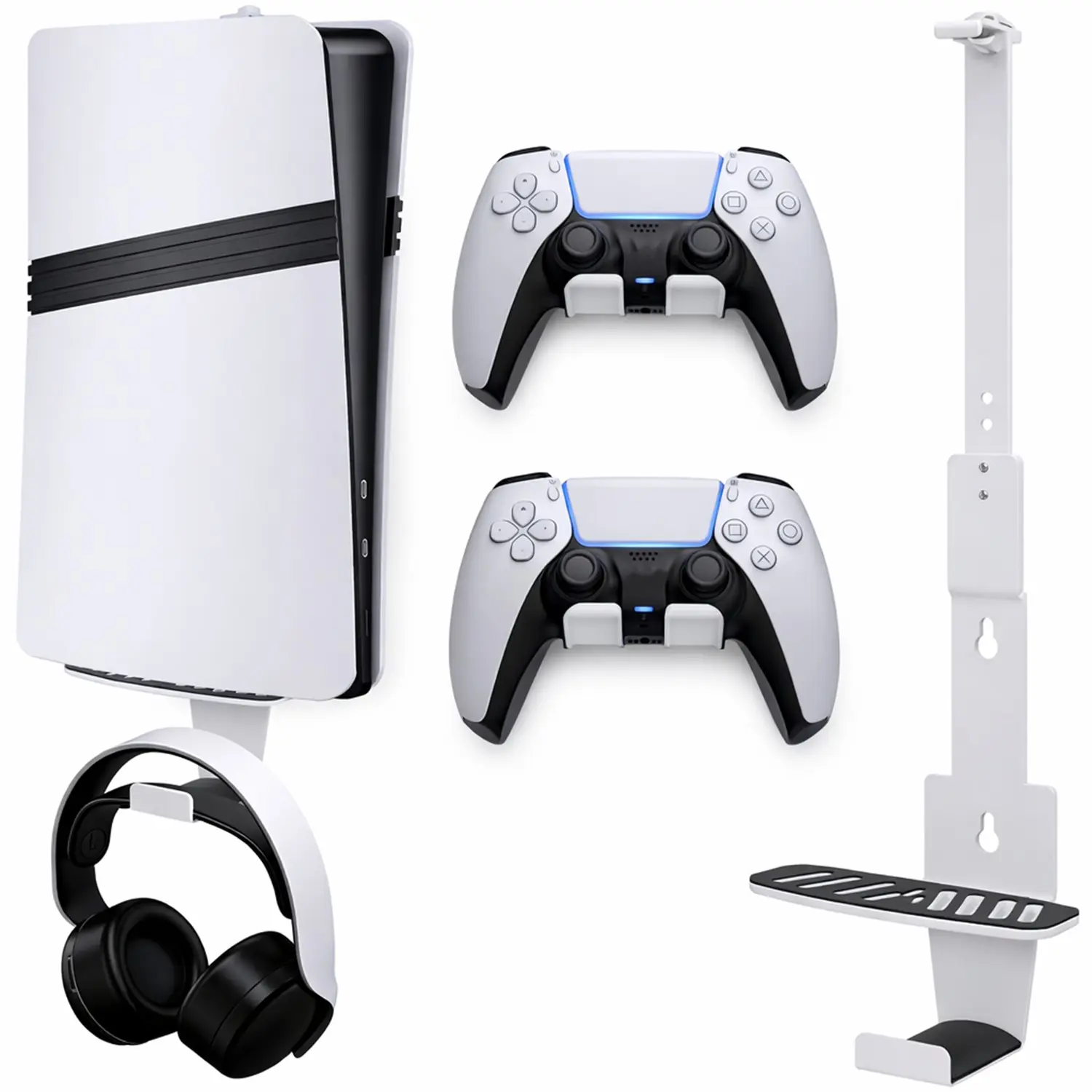 PS5 Wall Mount Kit with 2 Controller Holders and Headset Stand, Space-Saving Console Wall Rack Compatible with PS5, PS5 Slim and PS5 Pro Disc and Digital Editions