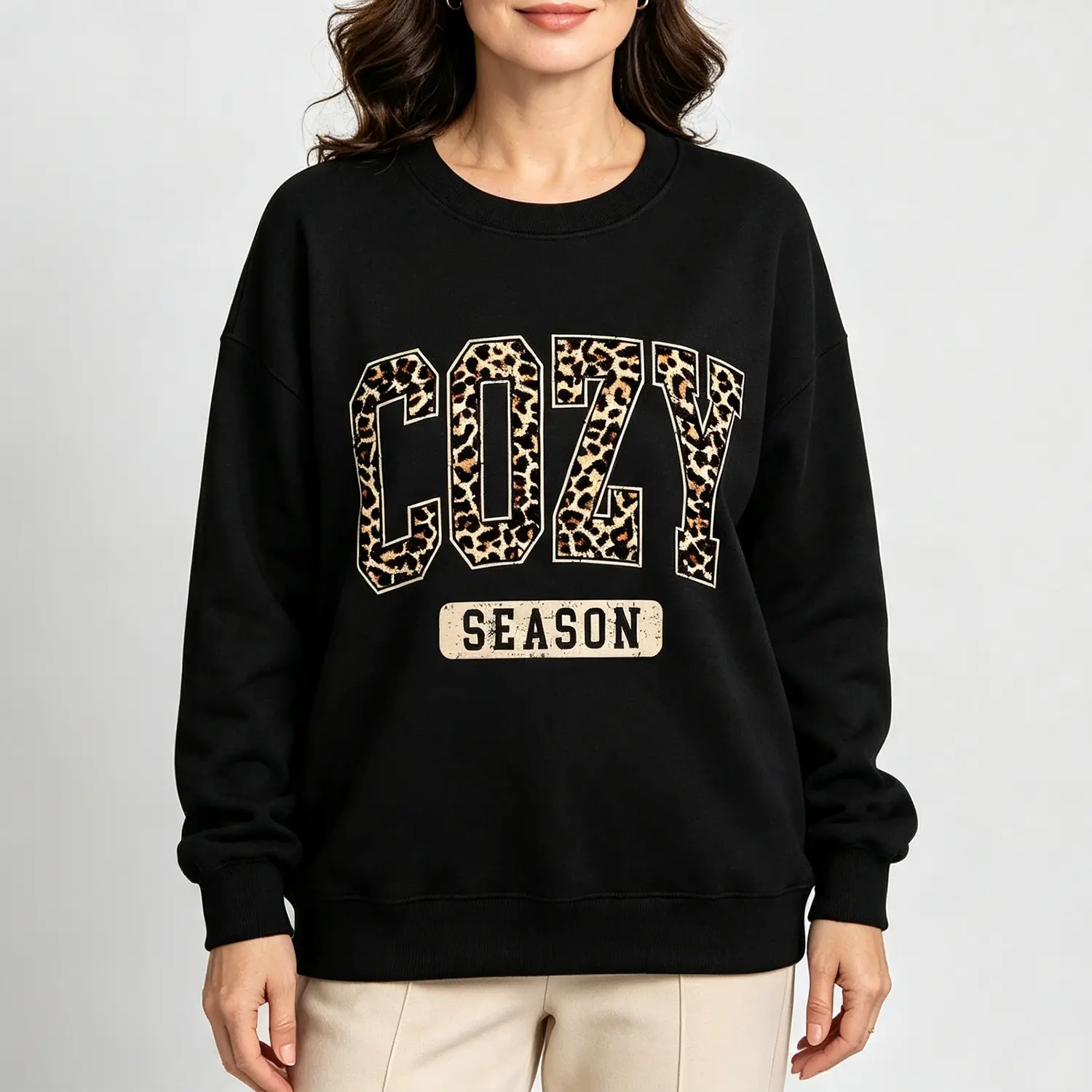 Crewneck Sweatshirt Graphic Sweatshirt Leopard Print Cozy Season Distressed Letter Sweatshirt, Sweatshirts For Women Black Soft Fleece Casual Pullover Sweatshirt for Fall Winter Daily Warm Street Outfits