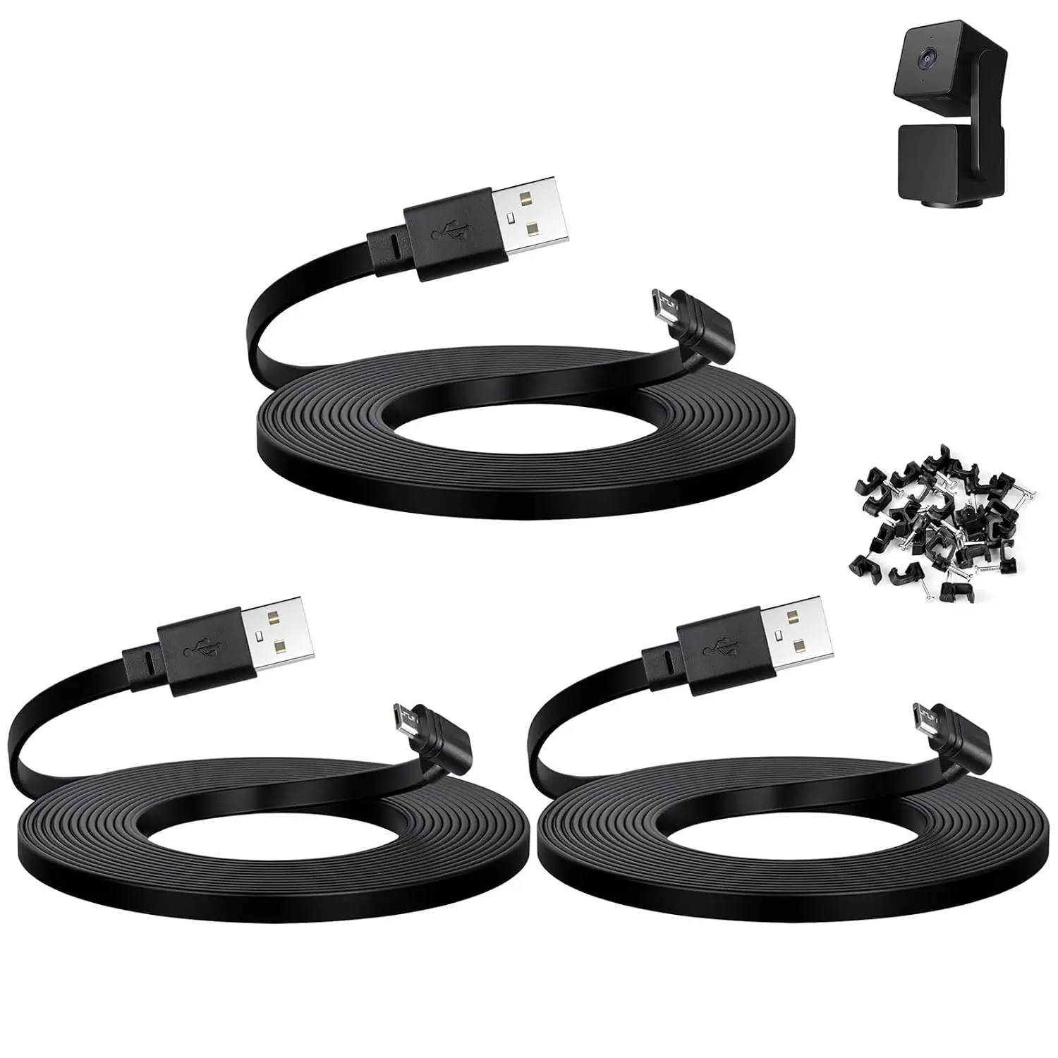 20 ft  for  Cam Pan v3 Camera, Long  USB Flat Power Cord, 90  3-Pack, Black