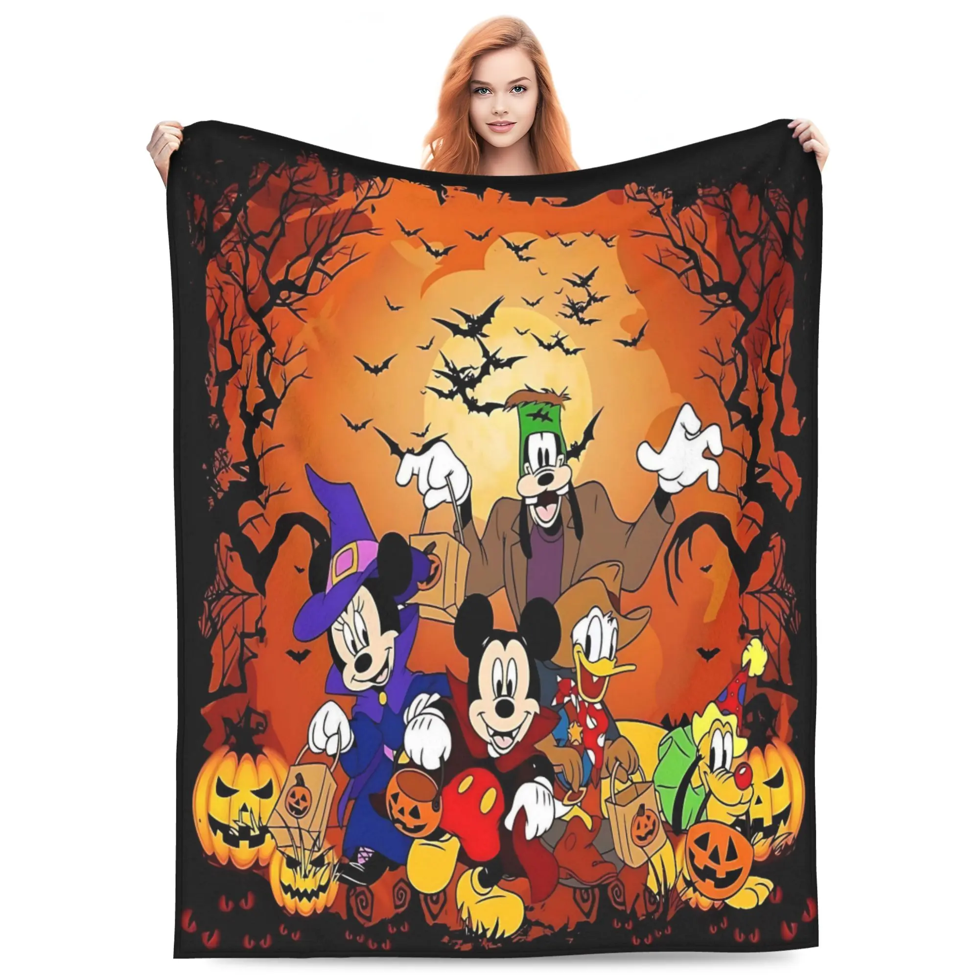 DISNEY CLASSIC Mickey Crew Halloween Forest Throw Blanket, Mickey Minnie Goofy Donald Pluto Trick-or-Treat Giant Moon Bat Pumpkin Spooky Twilight Tree Scene Flannel Fleece Blanket, perfect cozy decor for Halloween nights and seasonal gifting.