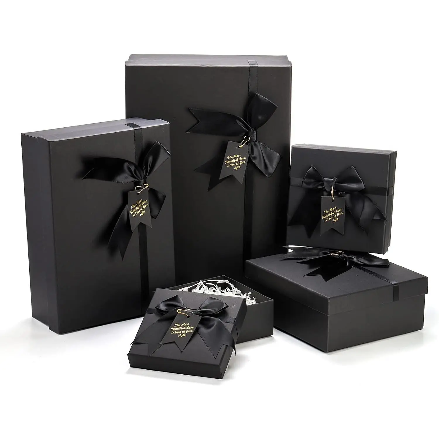 5 Pack Black Nested  Boxes with Lid for Valentine's Presents, 5 Sizes Luxury Packaging Box with Ribbon Bows and Label  Wrap for Thanksgiving Birthday, Weddings, Mother's Day 13.7'' to 5.1''