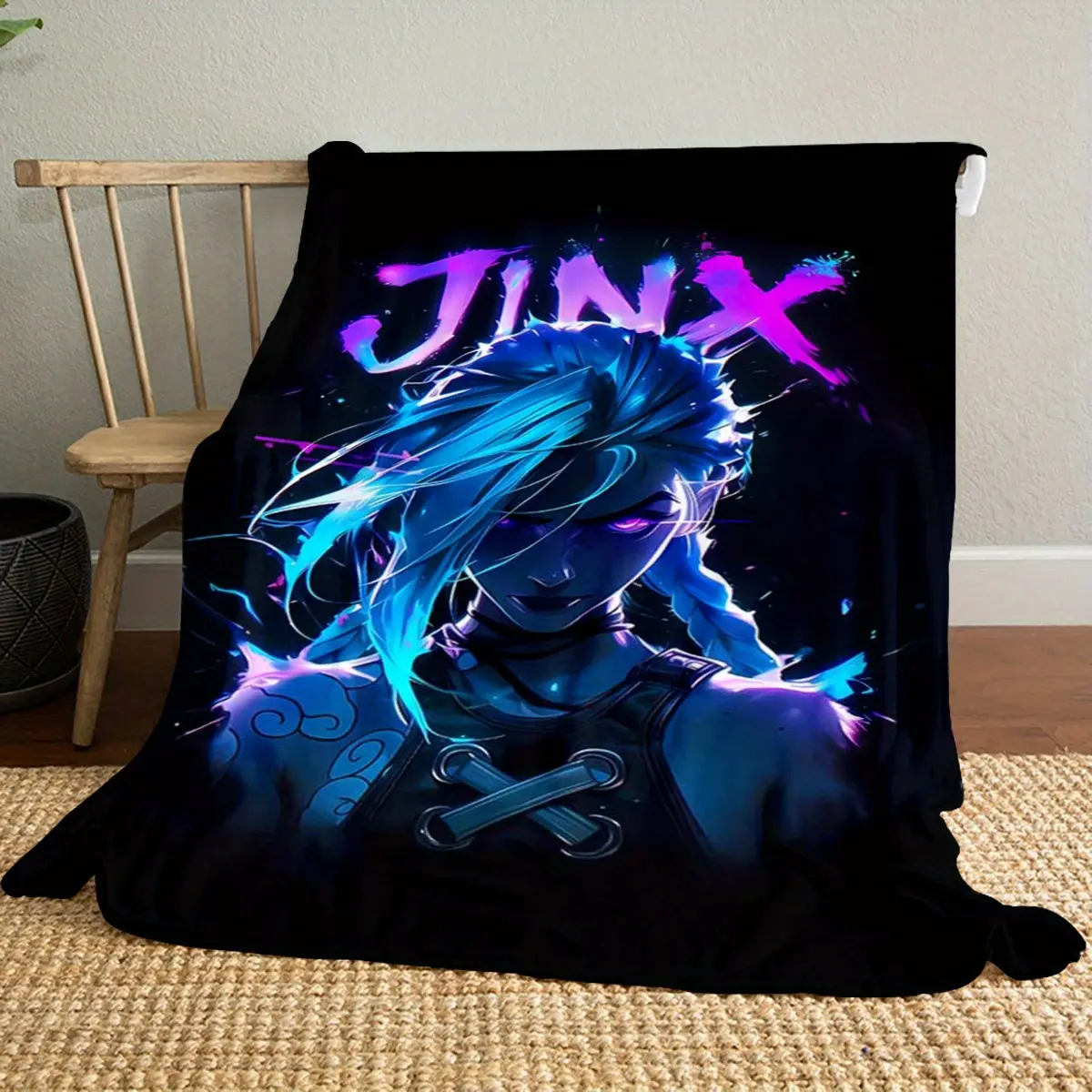 Jinx Arcane Purple Blue Neon Print Blanket Lightweight Anti-pilling Sofa Camping Blanket