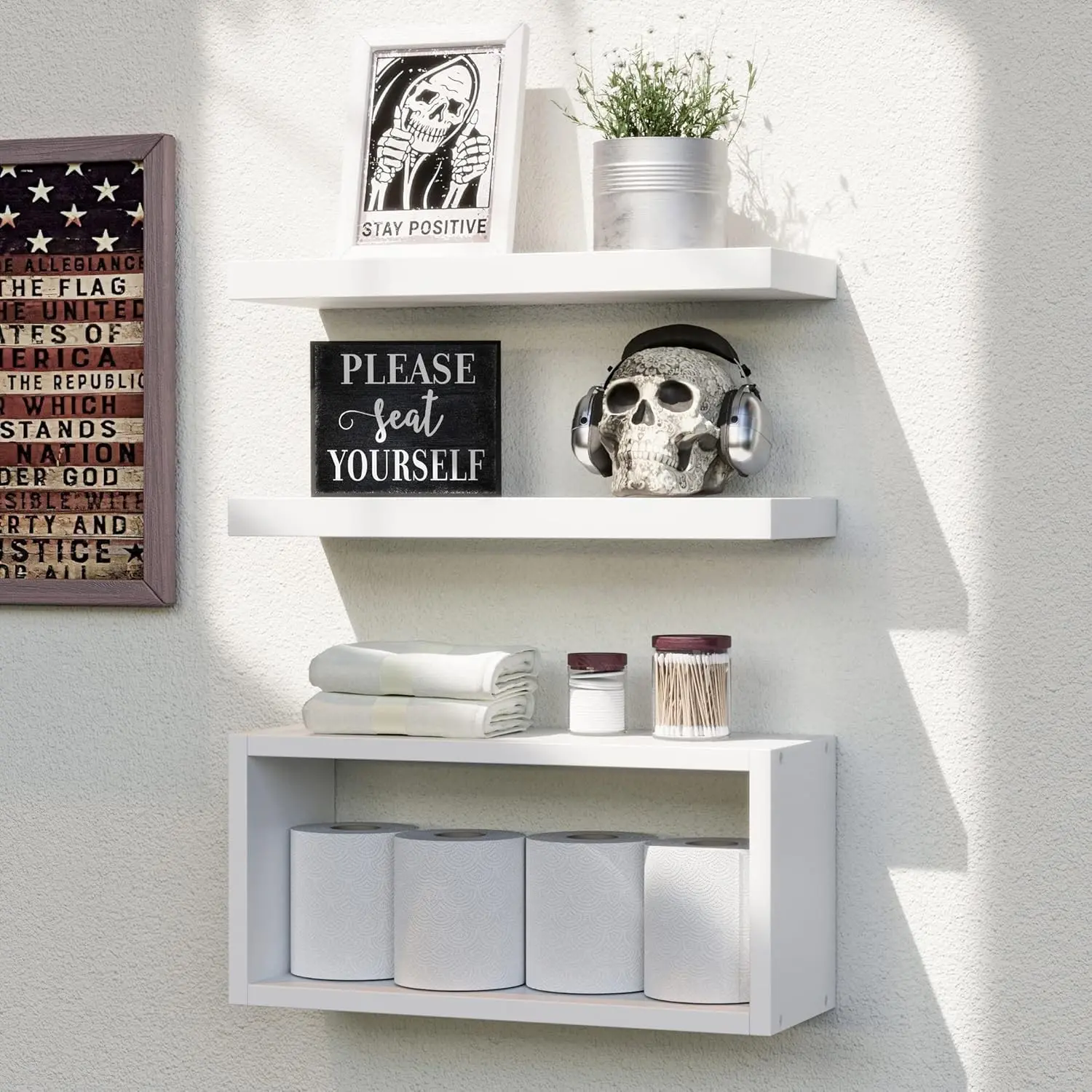 3-Set White Floating Wall Shelves, Bathroom Shelf Over Toilet, Cube Wall Mounted Design, Invisible Bracket, Moisture Resistant Shelves for Waterproof Bathroom Wall Decor and Bedroom StorageGift