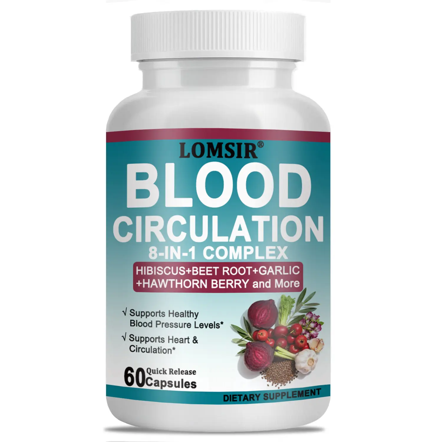 Blood Circulation Supplement - 8-in-1 Beet Root Capsules - for Heart & Blood Pressure, Energy Support - Hawthorn Berry, Hibiscus, Garlic & Grape Seed - 60 Capsules