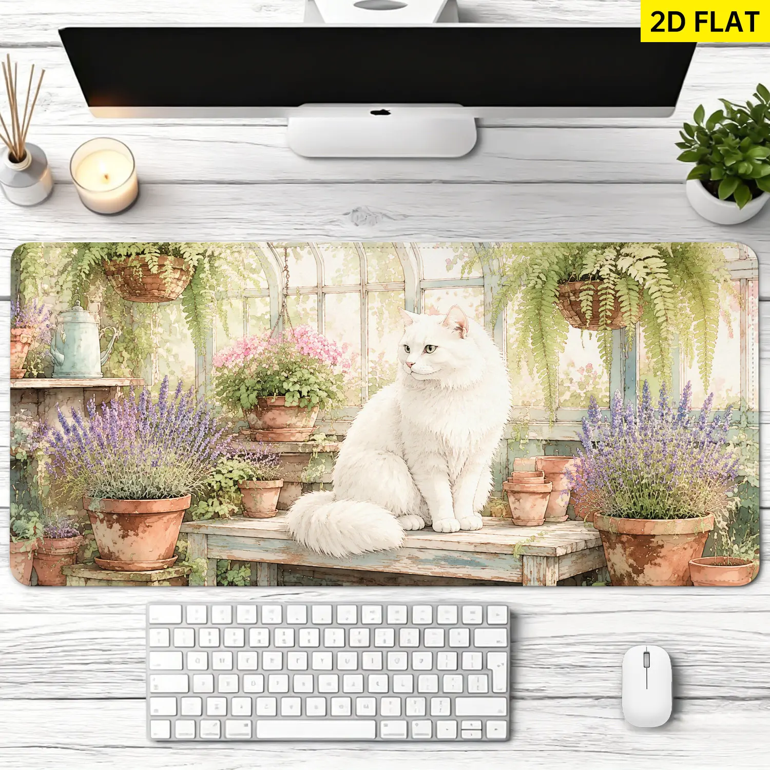 3D Banana-Cat-Garden Flowers Mousepad, Extra Large White Gaming Mouse Pad with Non-Slip Rubber Base, Stitched Edges, Washable Multi-Size, Precise Control for Desktop, Gamers, Office Use, Premium Gift for Family