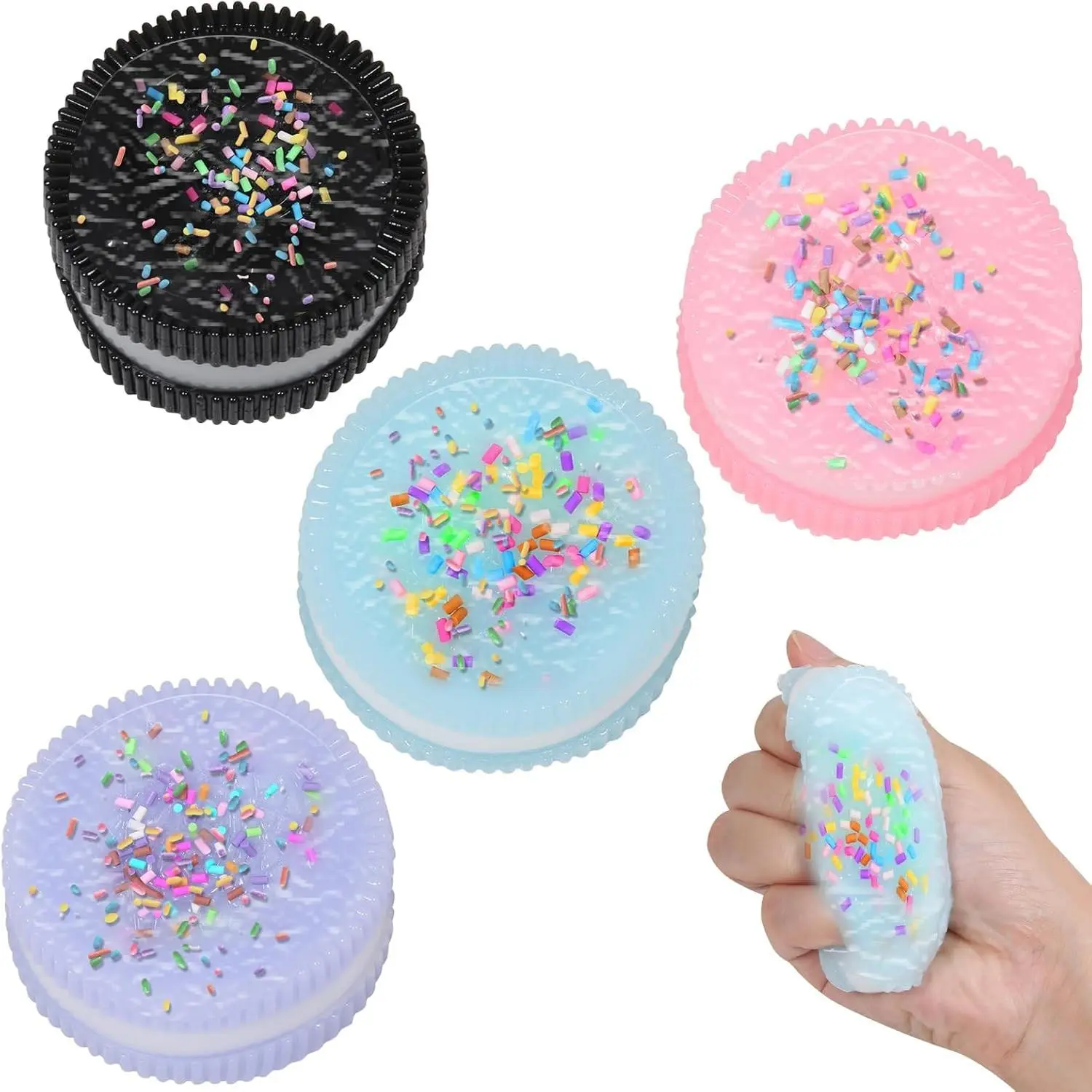 4pcs Handmade Soft Cookie Squishy Silicone Stress Relief Toy - Pink Dessert Kawaii Squishies, Stress Relieving Fur Ball, OPP Packaging Gift Set