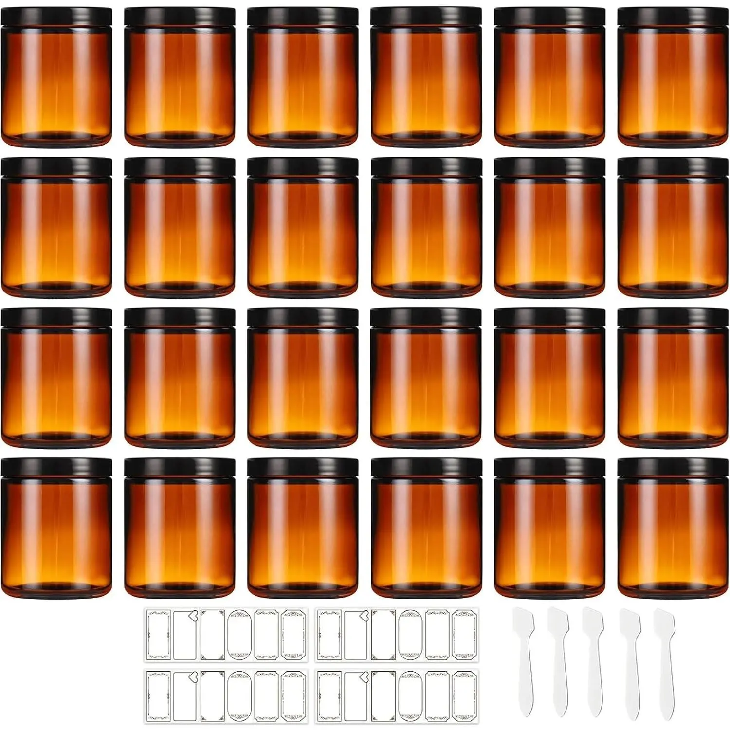 24 Pack 8 oz Amber Glass Jars with Inner Liners and Black Lids, Great for Candle Making, Cosmetic Storage for Lotions and Scrubs, Comes with Labels and Spatulas