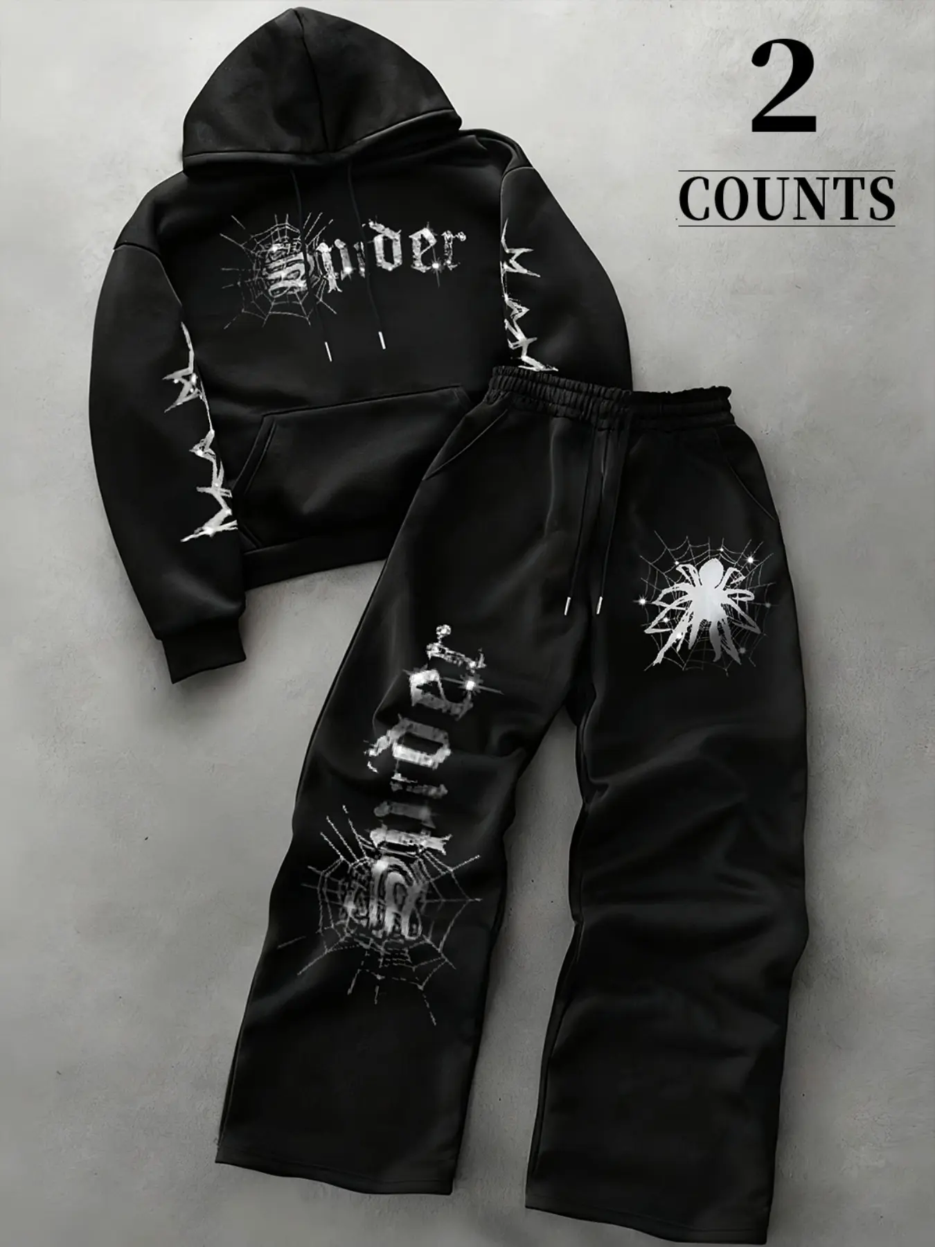 Gothic Spider Letter Print Hoodie And Sweatpants Matching Set, Long Sleeve Pullover Hooded Top With Elastic Waist Wide Leg Pants, Dark Y2K Streetwear Loose Fit Two Piece Outfit For Men Spring Autumn Casual Wear