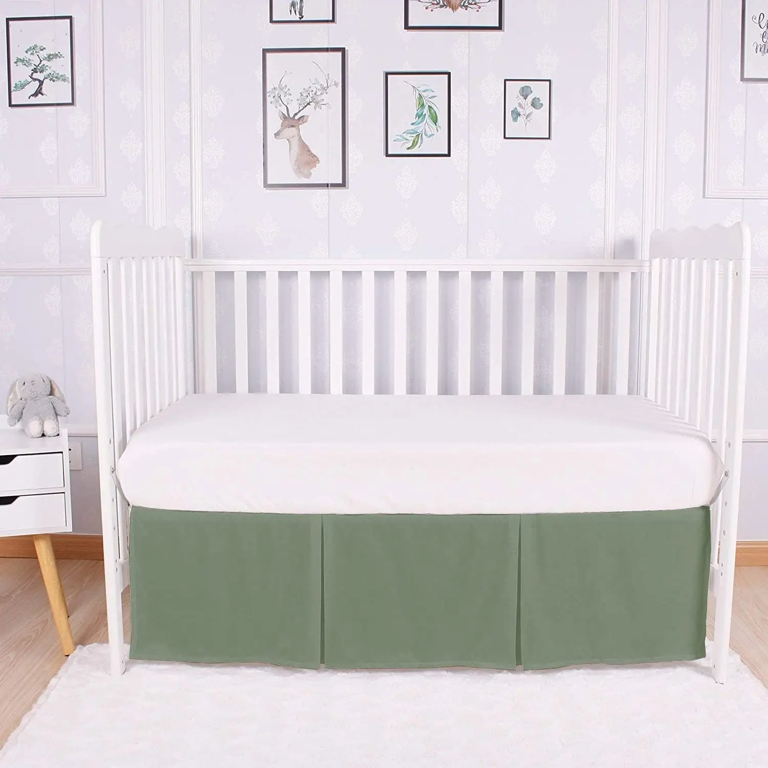 Premium 100% Cotton 800 Thread Count Box Pleated Crib Bed Skirt, 14" Drop, Sage Solid - Nursery Bedding for Baby Boys and Girls, Fits 28" x 52" Crib Toddler Bed