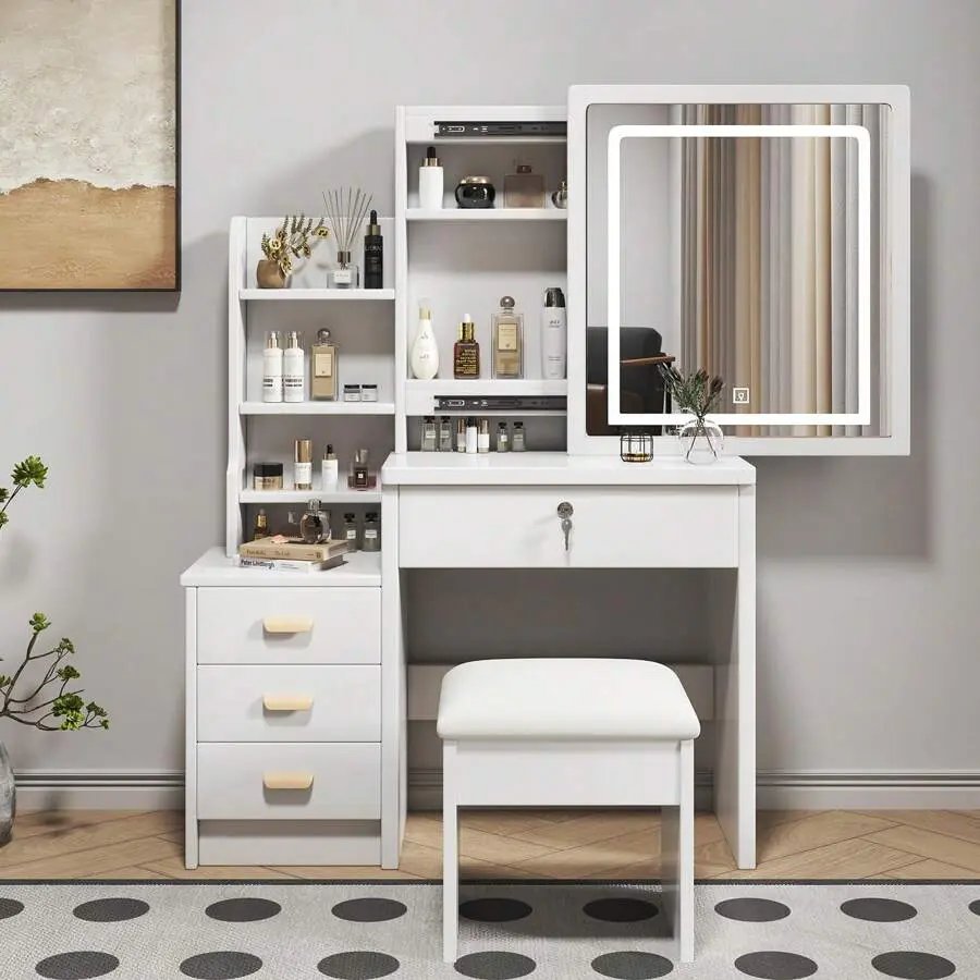 White Vanity Desk With Mirror, Lighted And 4 Drawers, Elegant Dressing Table Set With Adjustable 3-Color LED Lights, Perfect Makeup Vanity Bedroom