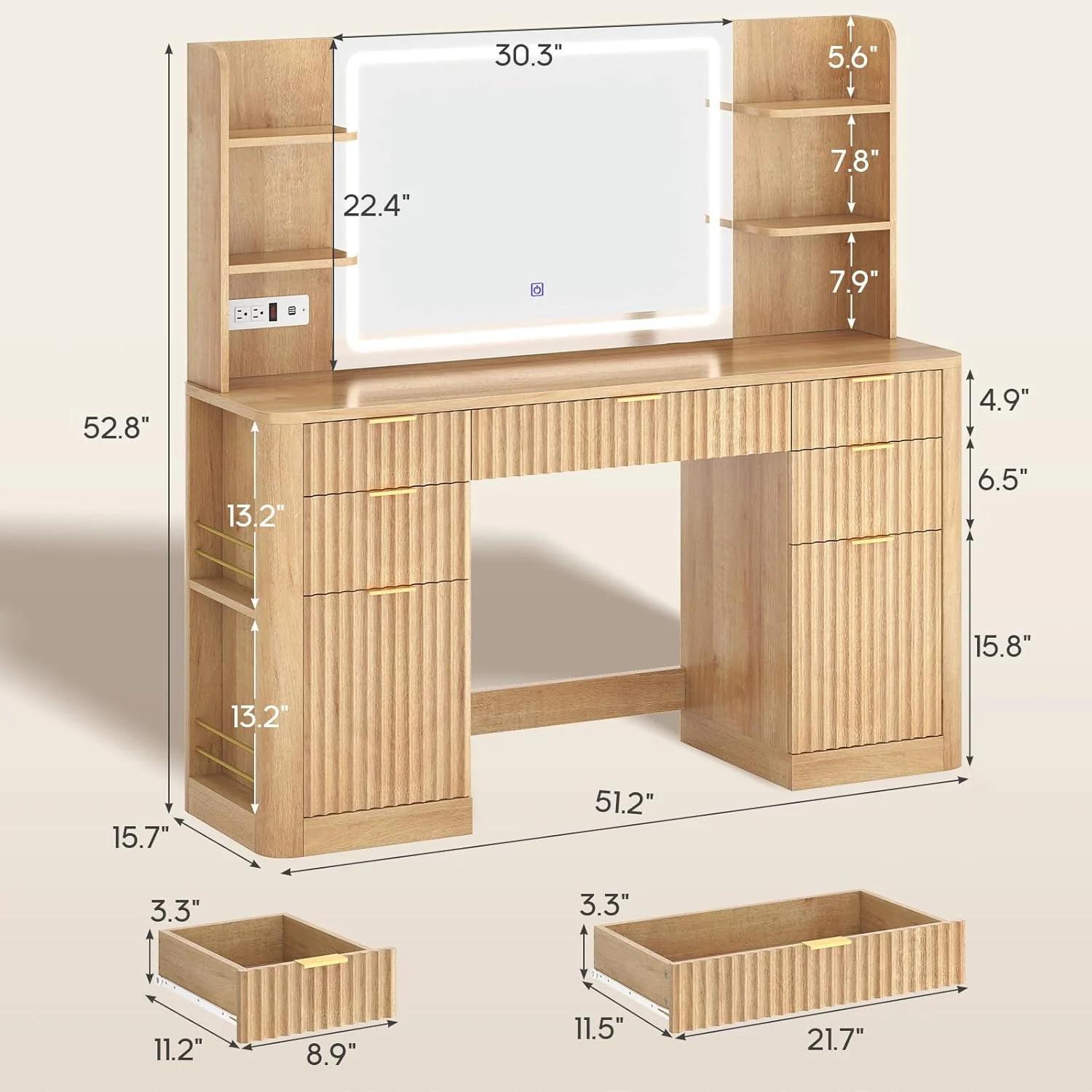 51.2 Inches Fluted Makeup Vanity with Mirror and Lights Oak