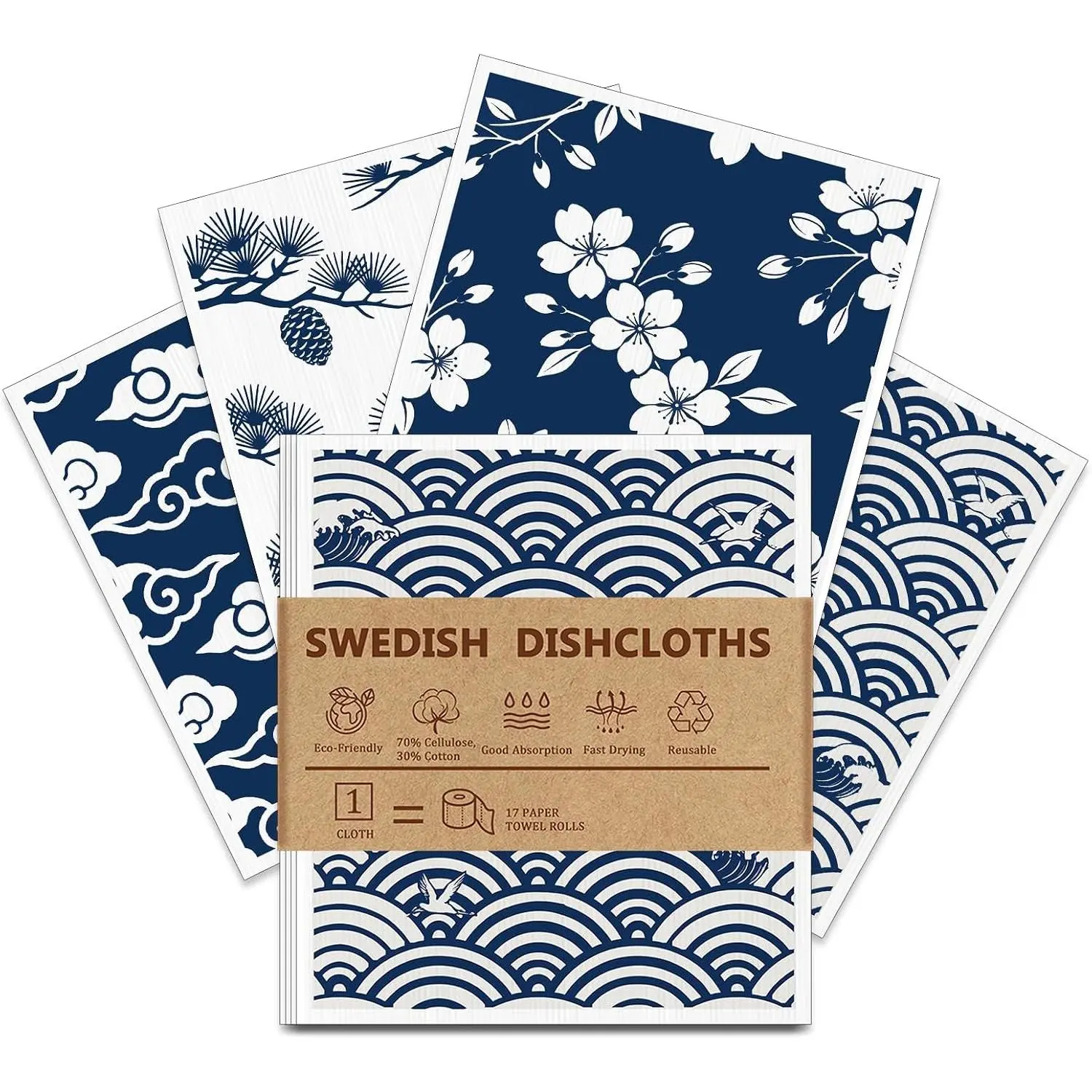 4 count Swedish Dishcloths,    Kitchen Dish Cloths, Super Absorbent Cellulose Sponge Cloths, Odor Resistant, Dishwasher Safe & Multi-Purpose Cleaning Cloths