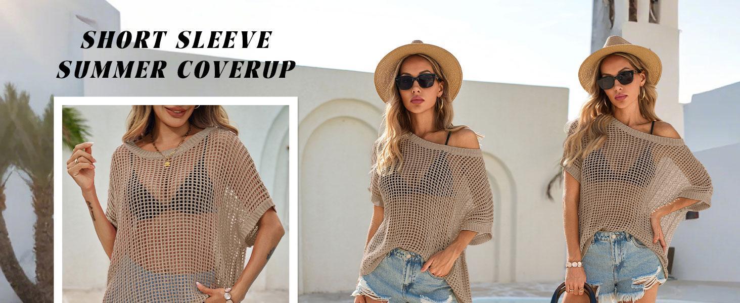 Beotyshow Womens Batwing Short Sleeve Crochet Sweater Tops Oversized Boat Neck Boho Knit Summer Beach Cover Ups