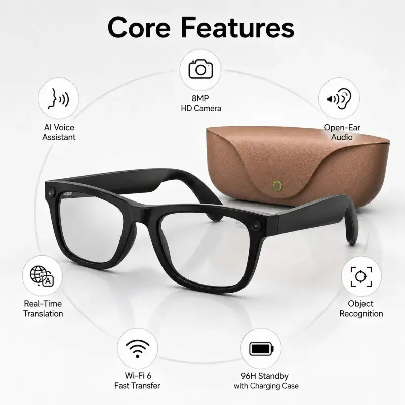 2026 Men's Smart Camera Glasses Mt5 Ultra, Multifunctional Smart Glasses, AI Camera Glasses, 8mp HD Camera, 1080P Video, Bluetooth-compatible Voice Call, Real-Time Translation, 2000mah Charger