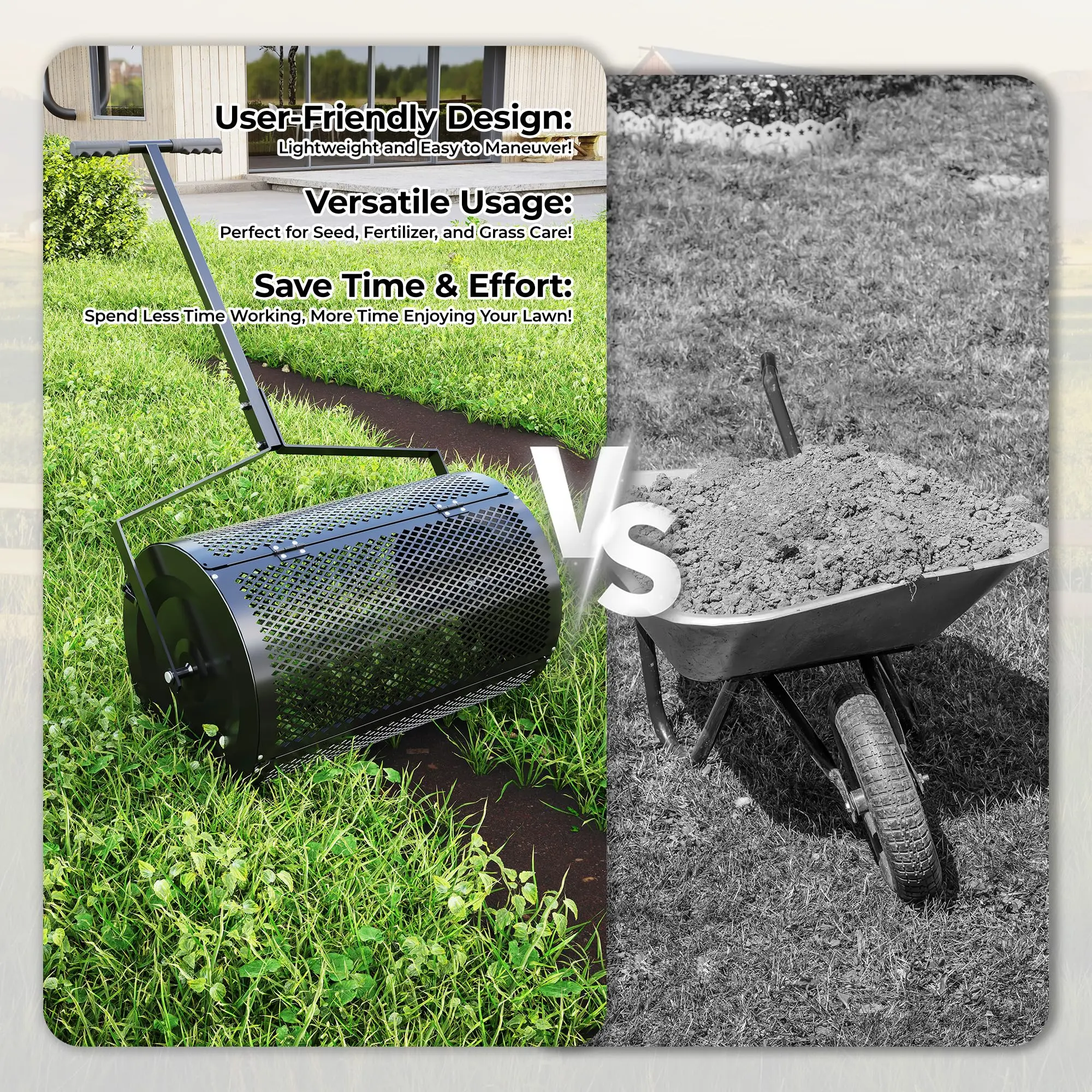 24 Inch Heavy Duty Compost Spreader, Rust-Proof Metal Mesh Roller Fertilizer Applicator with Adjustable T-Handle, Evenly Distributes Manure, Topsoil, Mulch, Grass Seed & Peat Moss for Lawn Garden