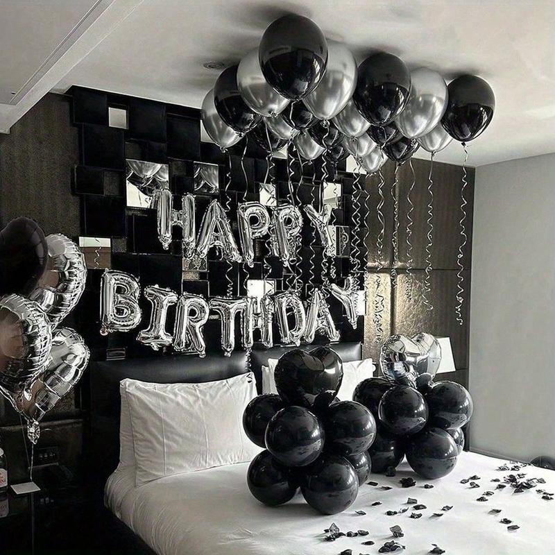 32pcs Balloon Set 16inch Silver Happy Letter & 18inch Black Silver Heart-Shaped Aluminum Foil Latex for Birthday Wedding Anniversary Party Decor