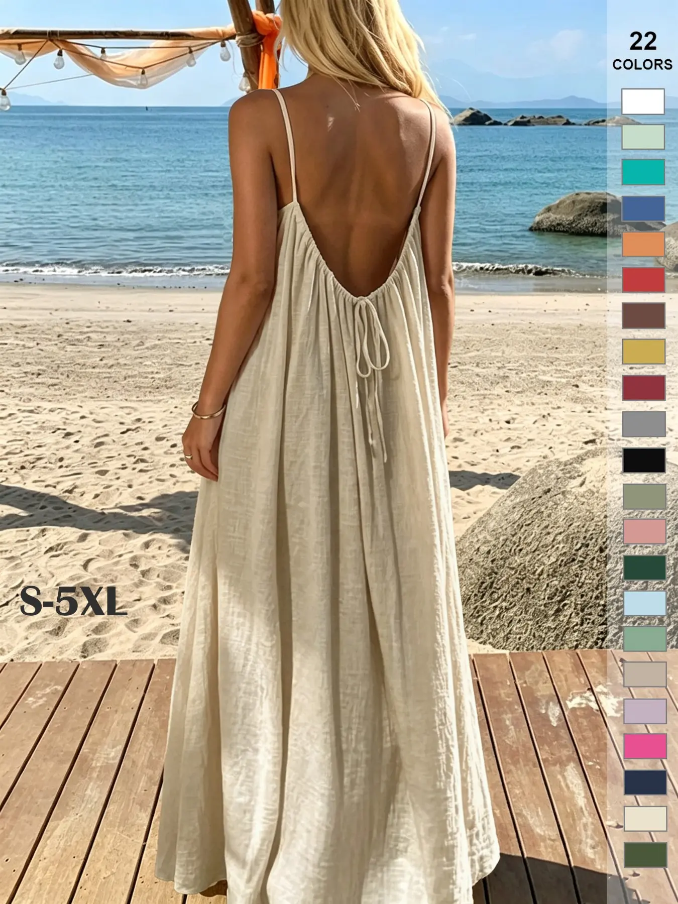 Women's Casual Strapless Long Skirt, Backless Loose Fit Dress, Summer Beach Vacation Wear, Short Sleeve, Sleeveless, All Seasons