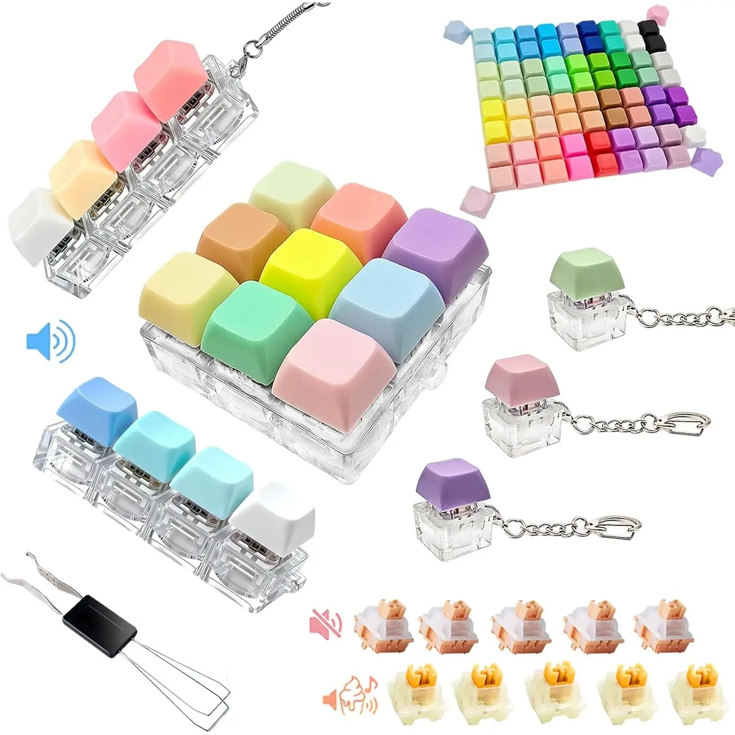6-Pack Keyboard Fidget Toy with Clicky/Creamy/Silent Switches & 75 Removable Keycaps—Stress Relief Keyboard Clicker Keychain in Gift Box—Calms Anxiety for Adults Office Travel School Homefidget toys