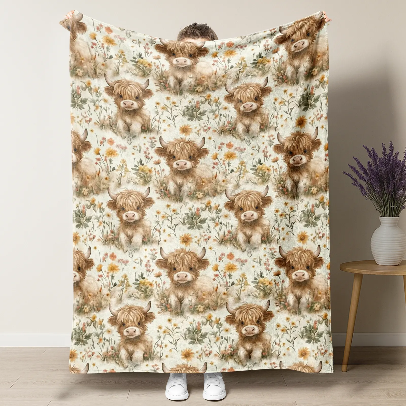 Pastel Wildflower Highland Cow Blanket, Polyester Cute Animal Illustrated Blanket for Home Room Decor