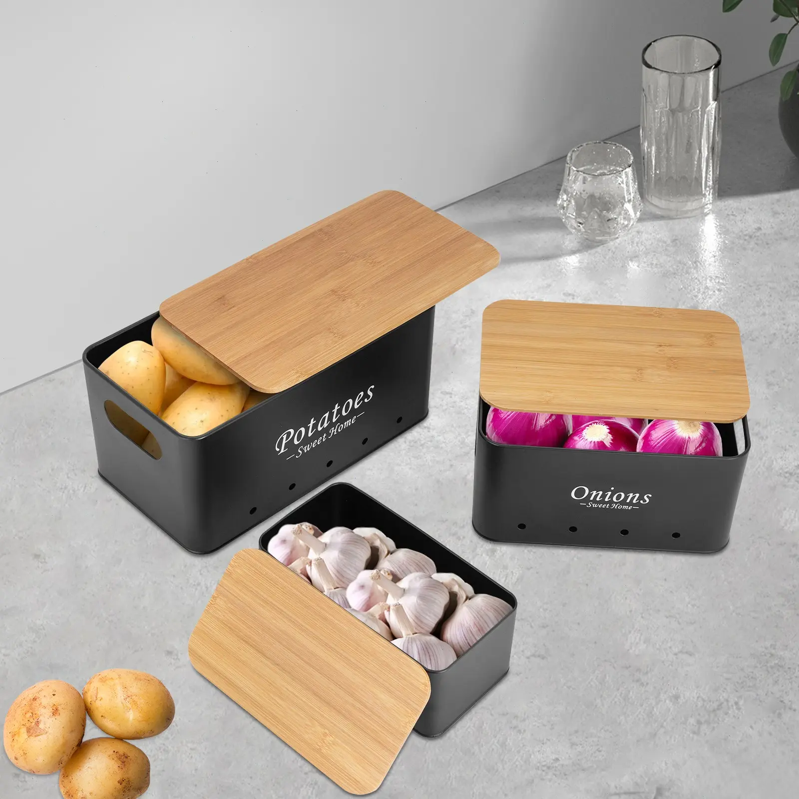 Stackable Potato Storage Box Set (3 Pieces), Kitchen Onion and Garlic Container, Food Storage, Durable Material, Easy Assembly, Space-Saving Design
