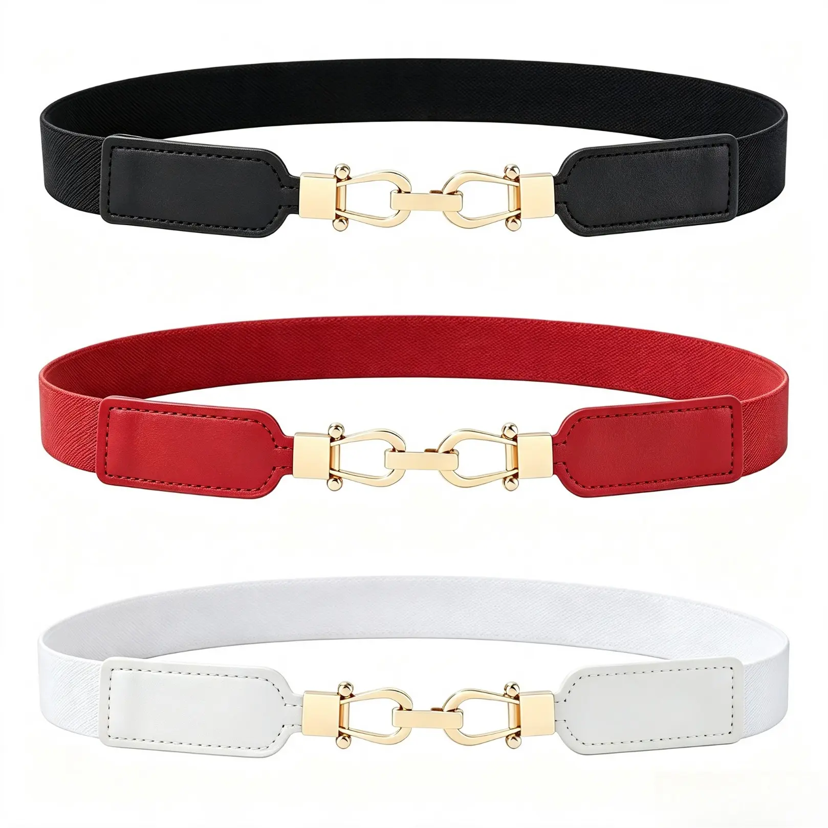Women Elastic Skinny Waist Belt, Faux Leather Decorative Strap With Interlocking Horsebit Buckle, Adjustable Stretch Belt For Dresses, Shirts And Daily Casual Outfits