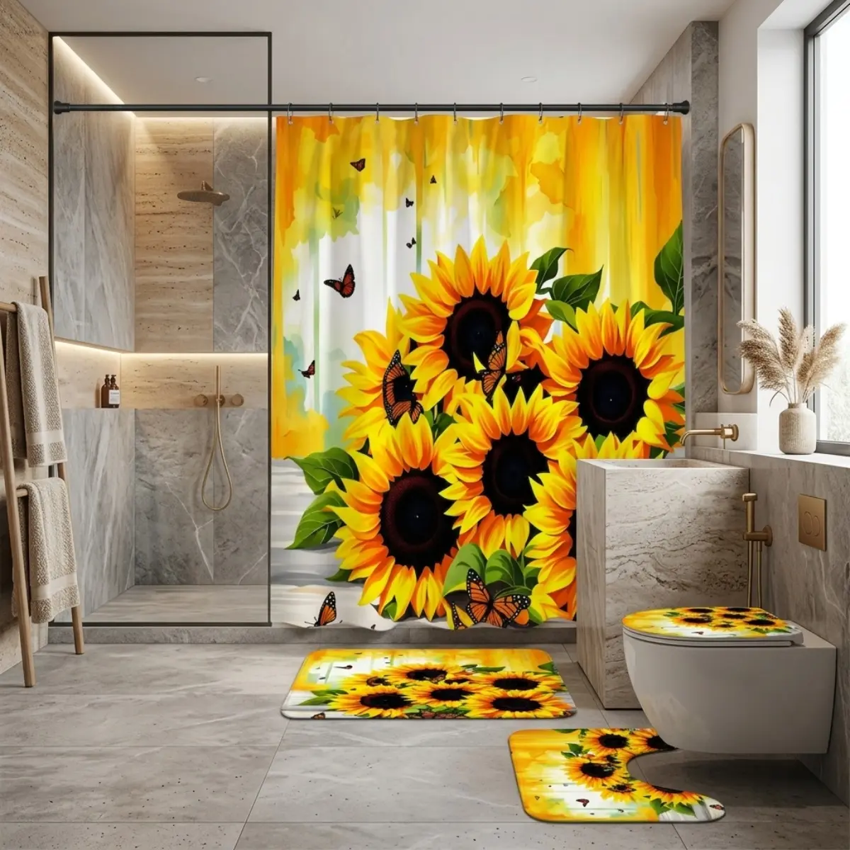 4pcs Sunflower Butterflies Bathroom Curtain Set, Bright Yellow Floral Art Print, Spring Summer Garden Decor, Bathroom Decor Sets, Cozy Home Spa Vibes, TikTok Trending Bathroom Style
