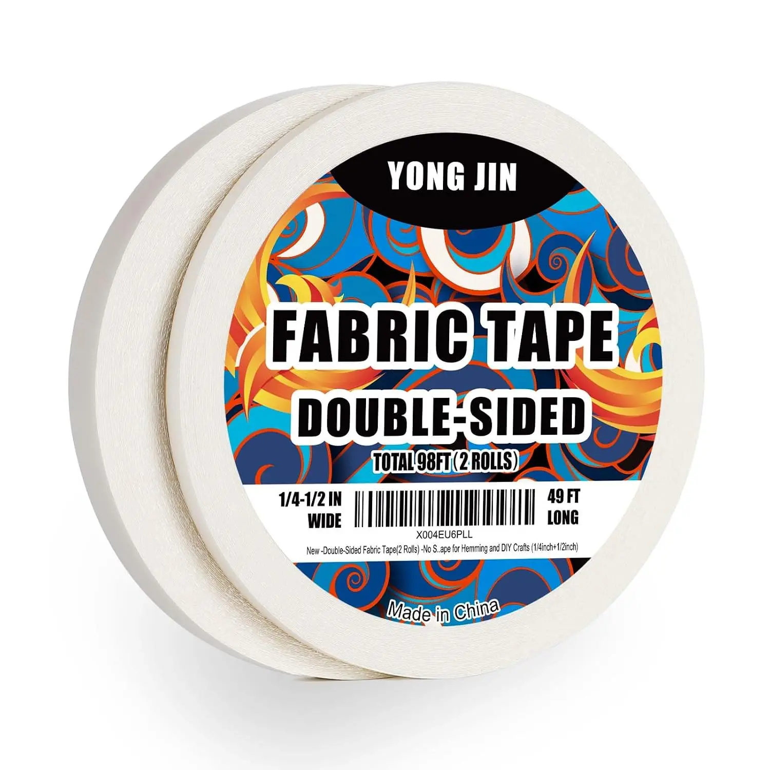 Double-Sided Fabric Tape (2 Rolls, 1/4in + 1/2in) - Oil-Based, Tear-Able Adhesive Tape for Quick Fix, Fabric Repair, Hemming & DIY Crafts, No Sewing or Ironing Required