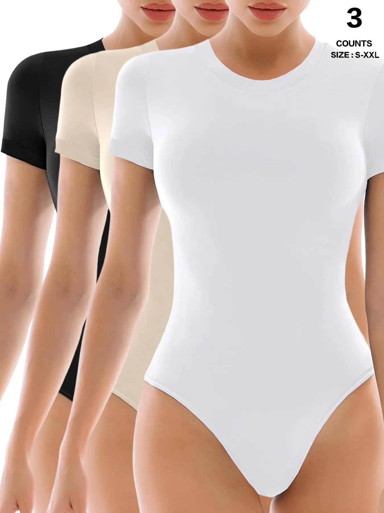 Women Shapewear Bodysuit, Tummy Control, Short Sleeve, Round Neck, Seamless, Stretchy, Slimming, Casual Fashion, Everyday, Comfortable, Multi Colors, S-Xxl