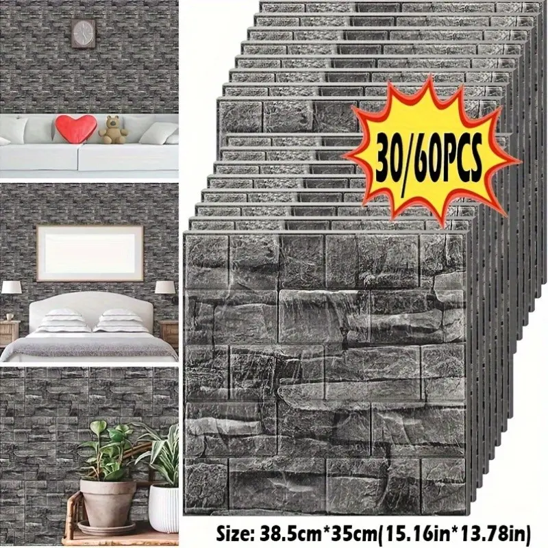 30/60 Piece Set, 3mm Thick 3D Backed Xpe Foam Wallpaper, Brick Pattern Wall Stickers, Waterproof Oil-Resistant, Easy Clean & Cut, Kitchen Bathroom Renovation