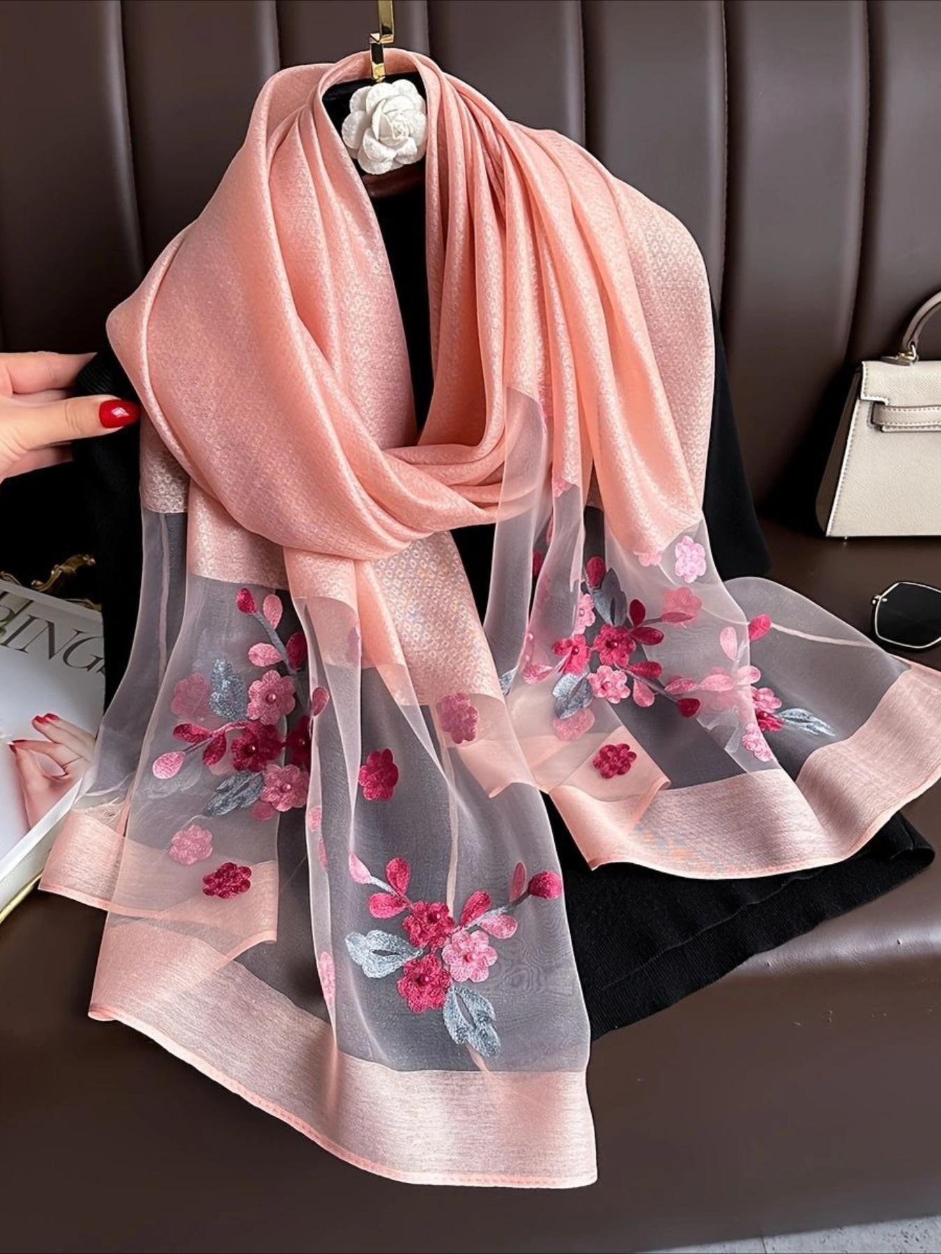 Floral Embroidery Scarf, Fashionable Soft Comfortable Shawl for Women & Girls, Casual Versatile Scarf for Daily Wear