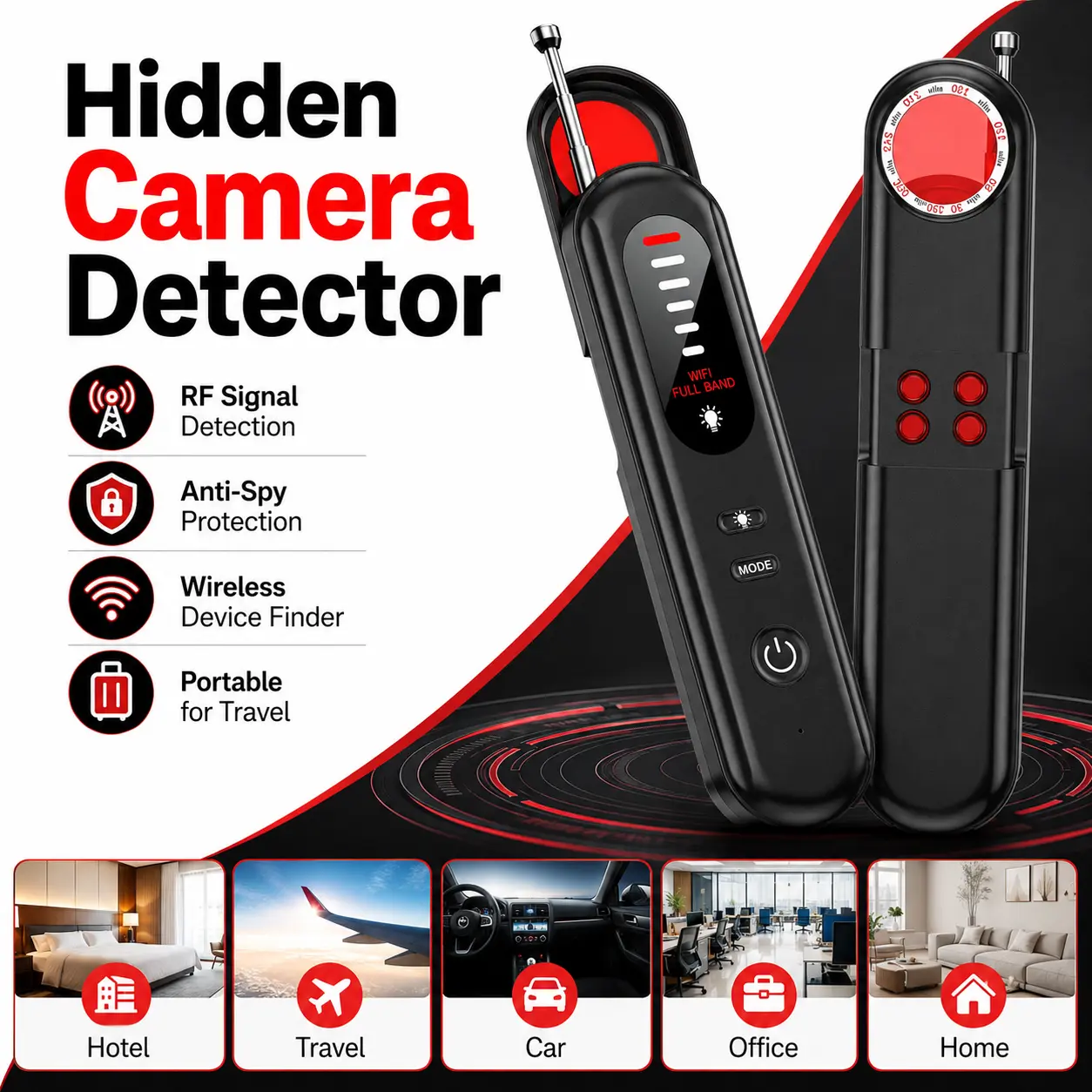 Portable Hidden Camera & RF Signal Detector, Anti-Spy Bug and Wireless Device Finder for Hotels, Travel, Cars, Offices and Home Privacy Protection